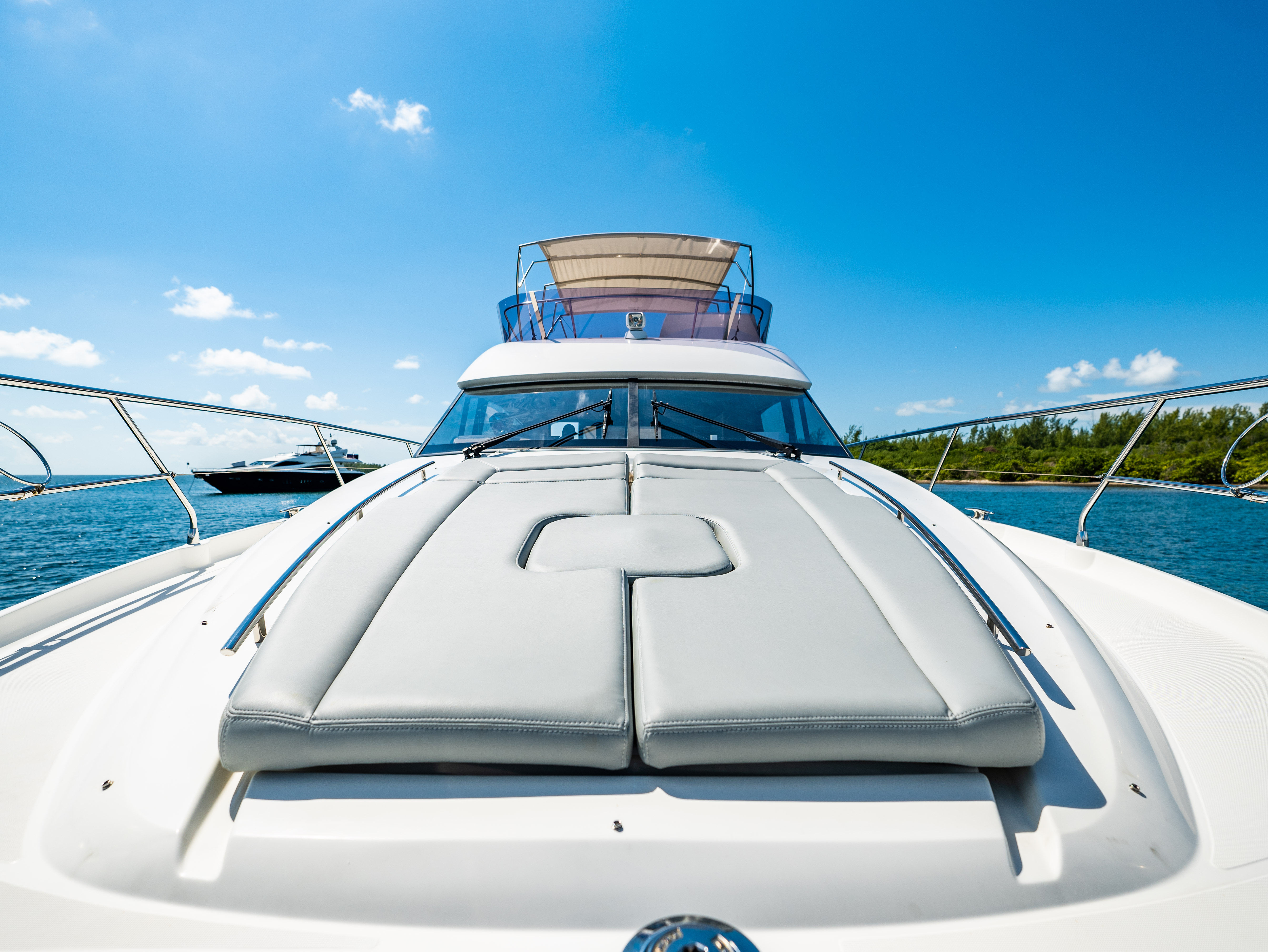 52ft Prestige (2017) - Bimini yacht rental Miami - flybridge with panoramic views of Miami skyline