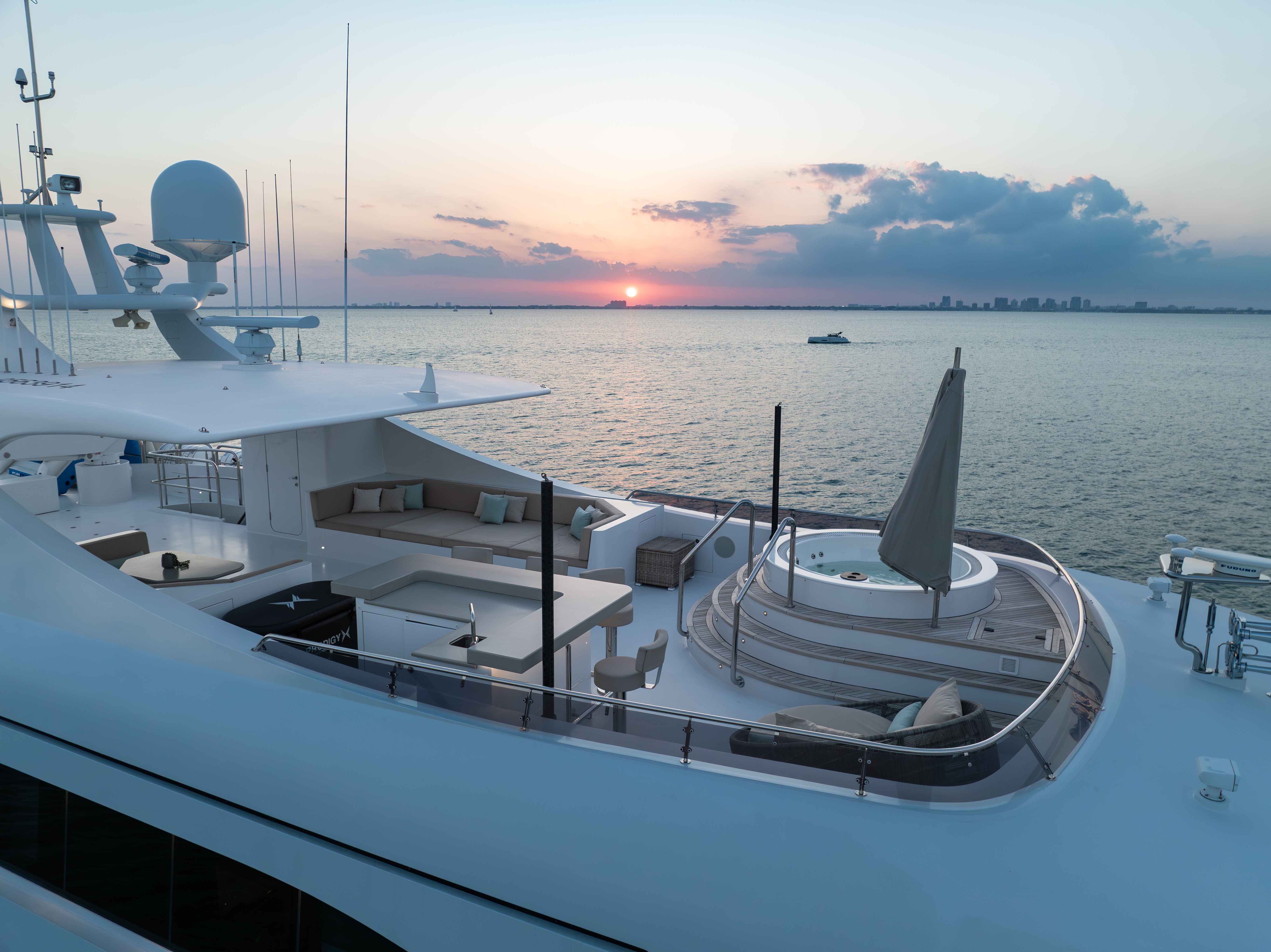 166ft Trinity yacht rental Miami - comfortable lounge area for group celebrations