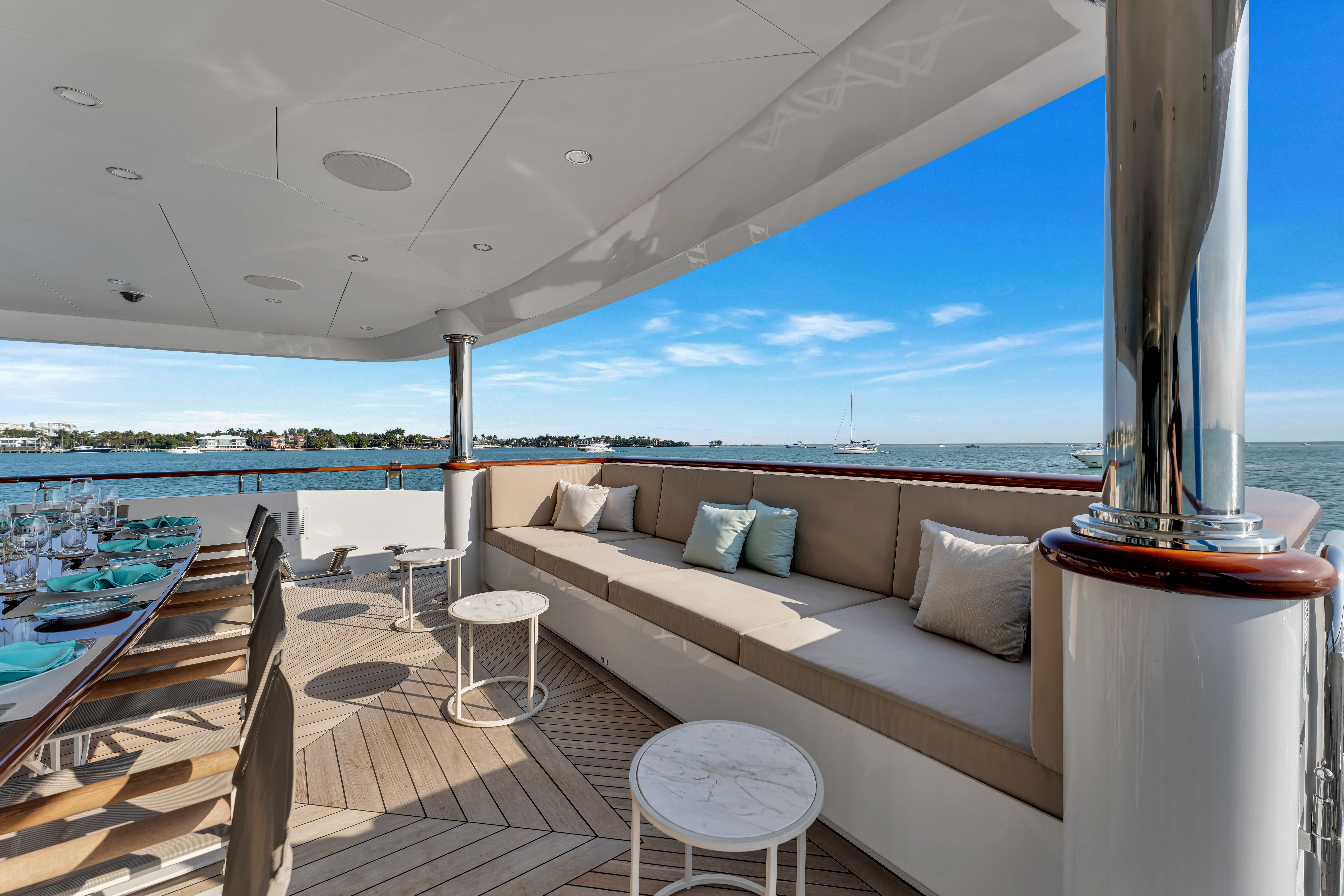 166ft Trinity yacht rental Miami - flybridge with panoramic views of Miami skyline