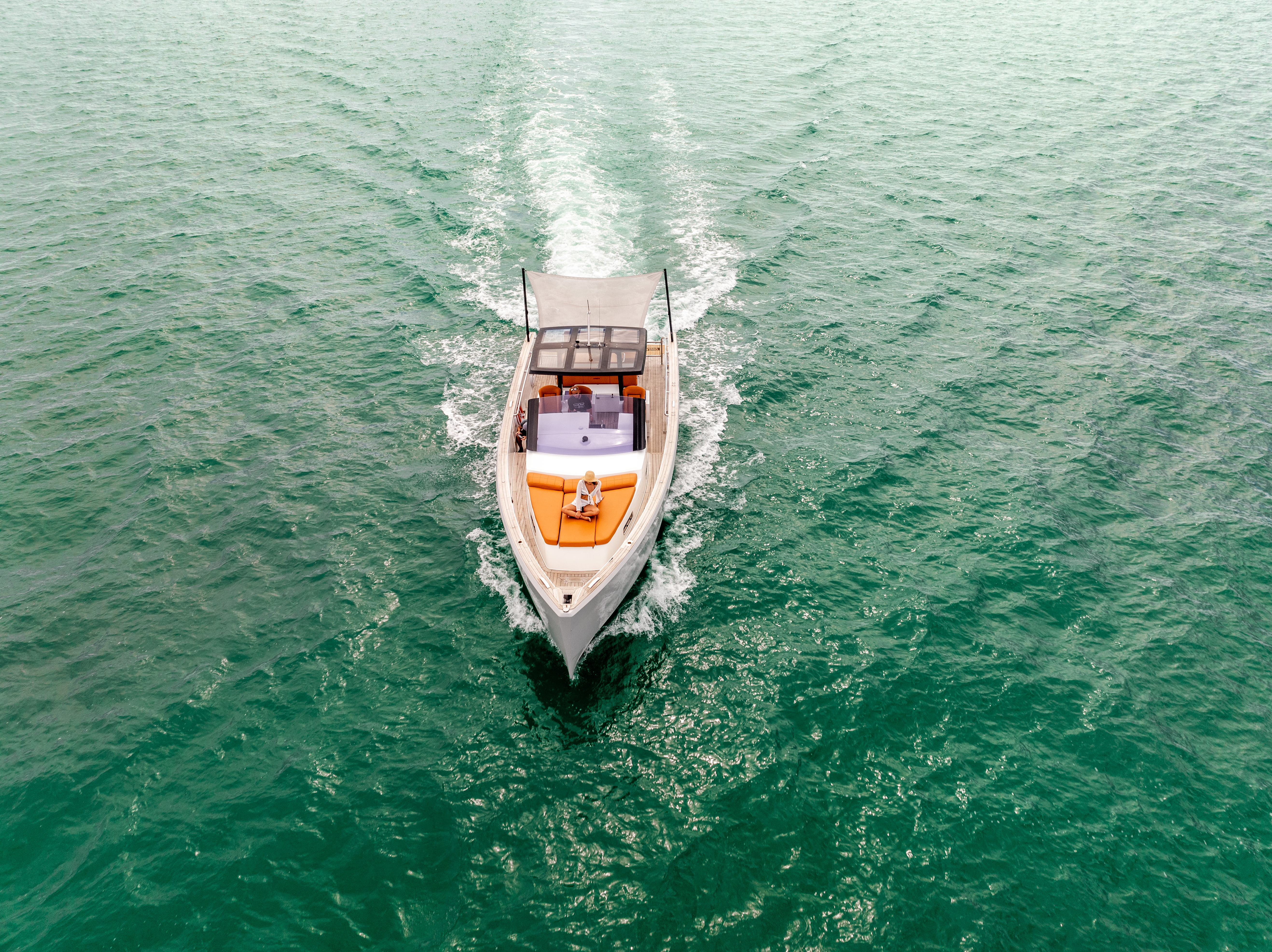 40ft Fjord yacht rental Miami - elegant interior salon for corporate events and private gatherings