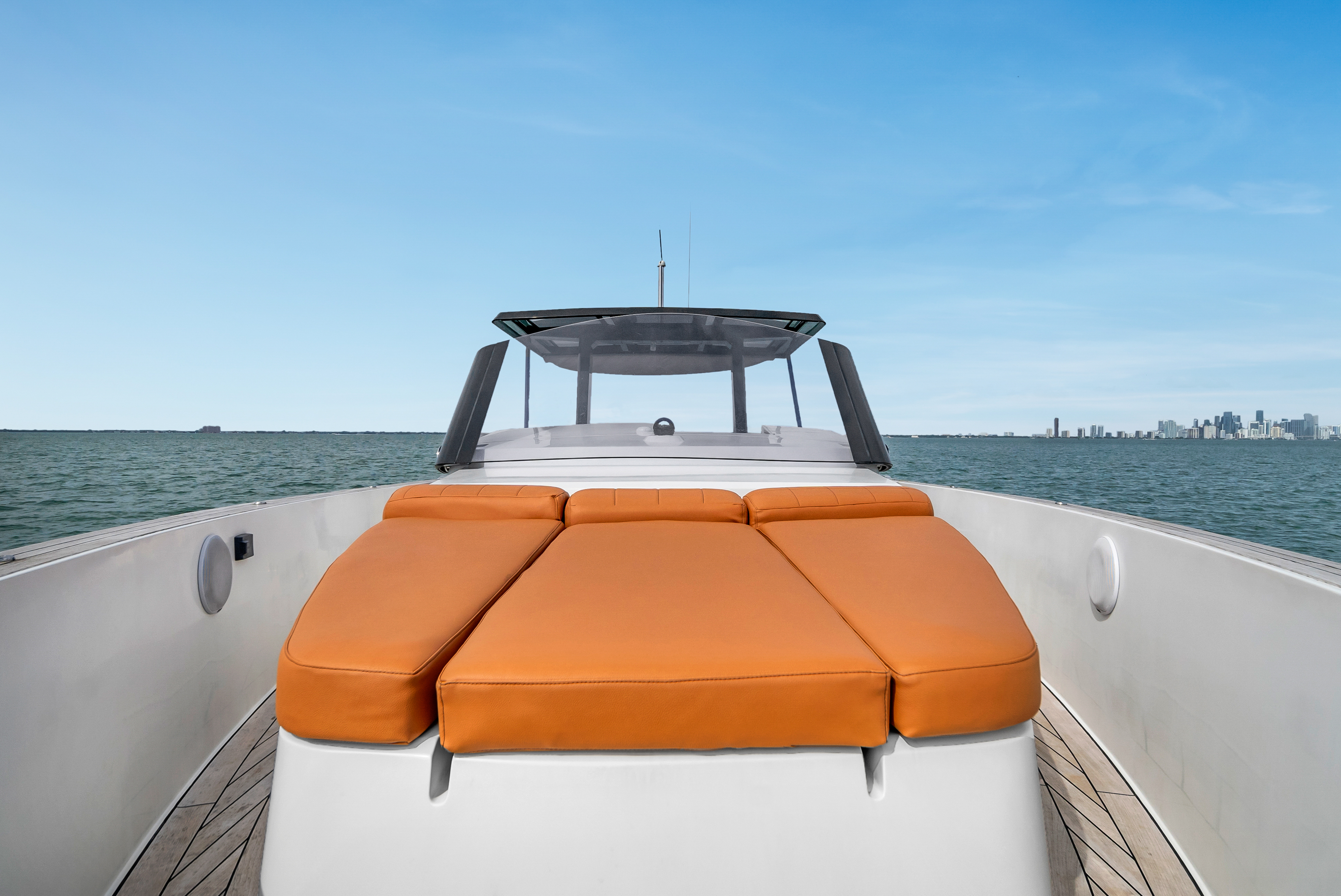 40ft Fjord yacht rental Miami - elegant interior salon for corporate events and private gatherings