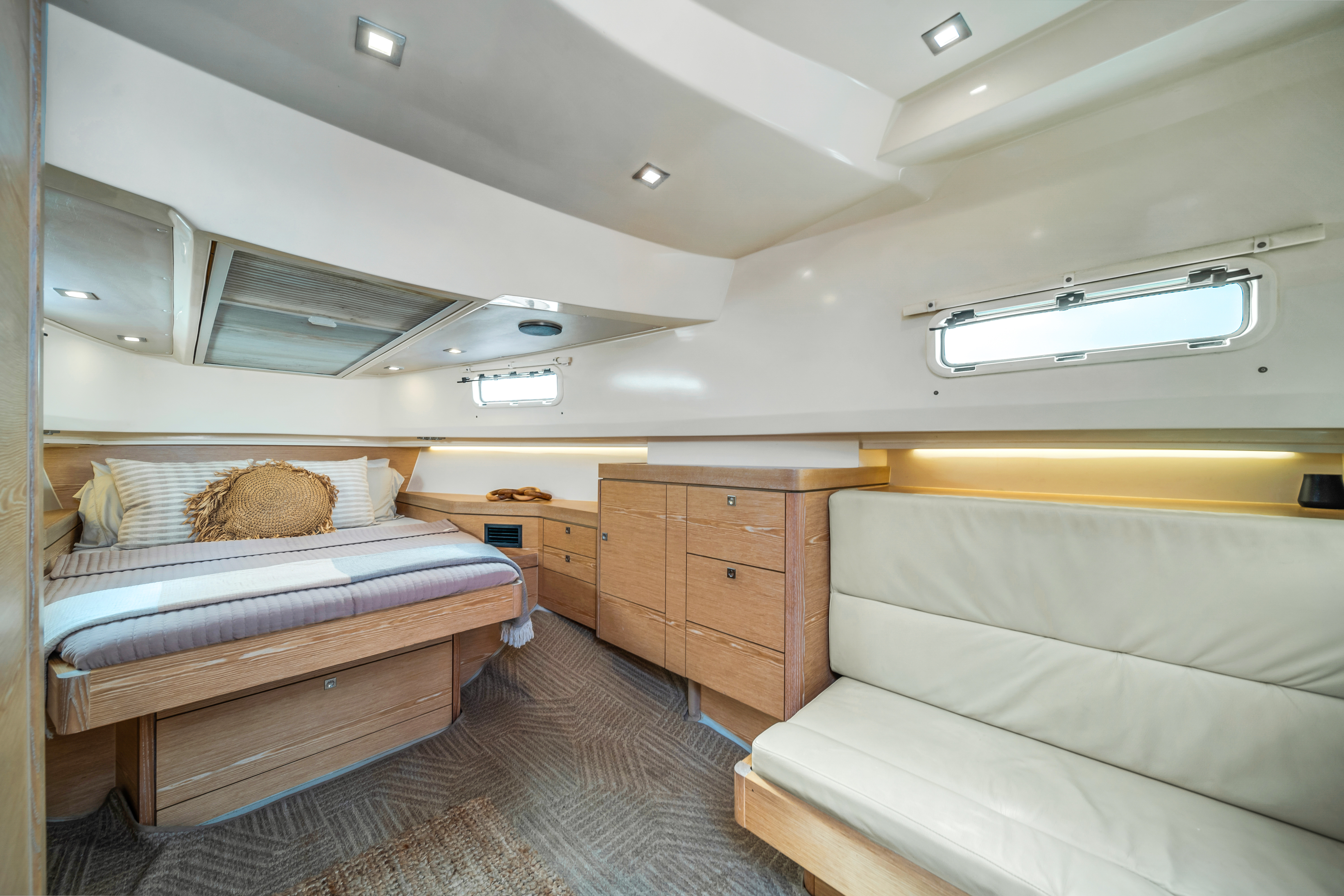 40ft Fjord yacht rental Miami - comfortable lounge area for group celebrations