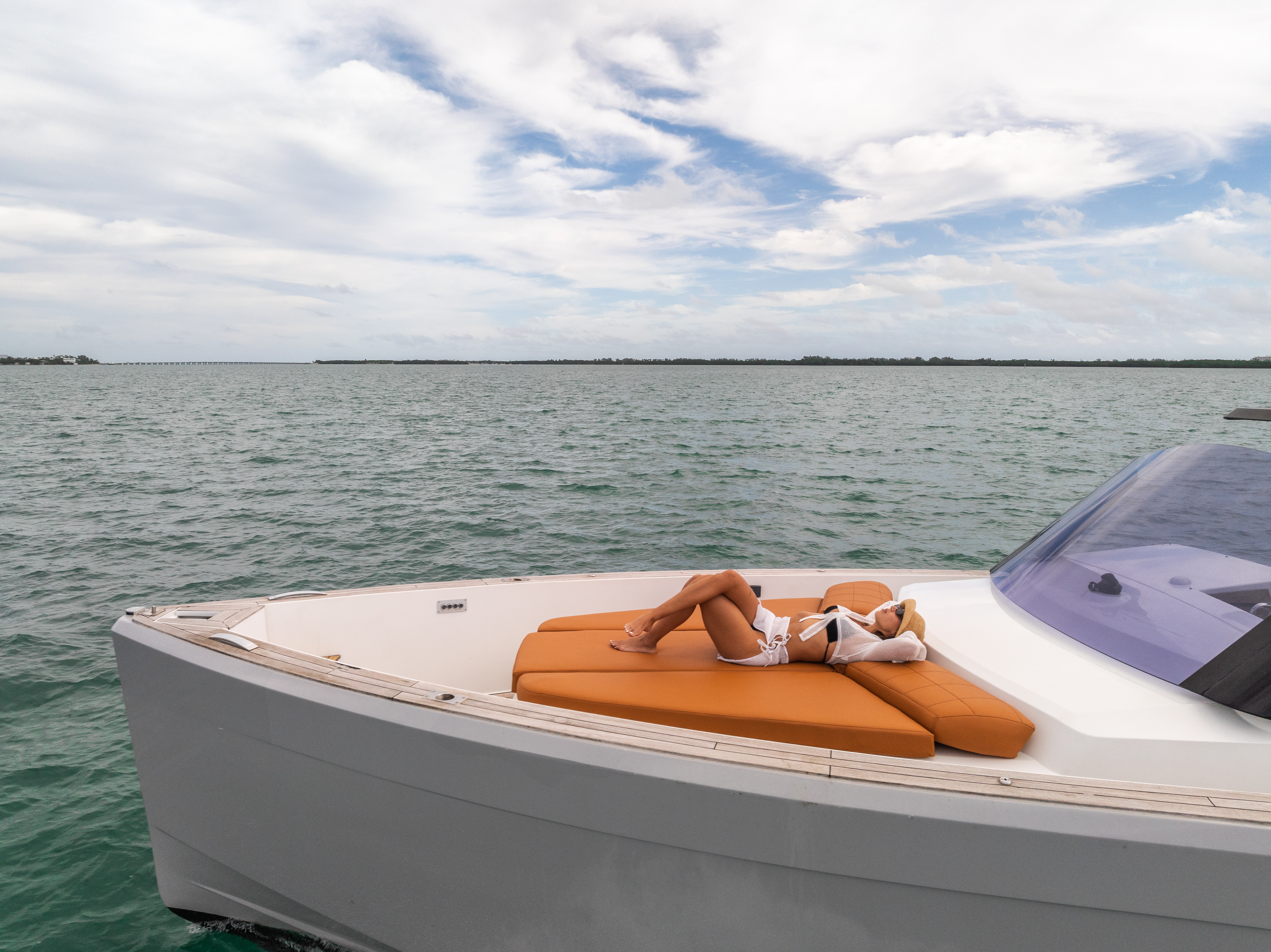 40ft Fjord yacht rental Miami - flybridge with panoramic views of Miami skyline