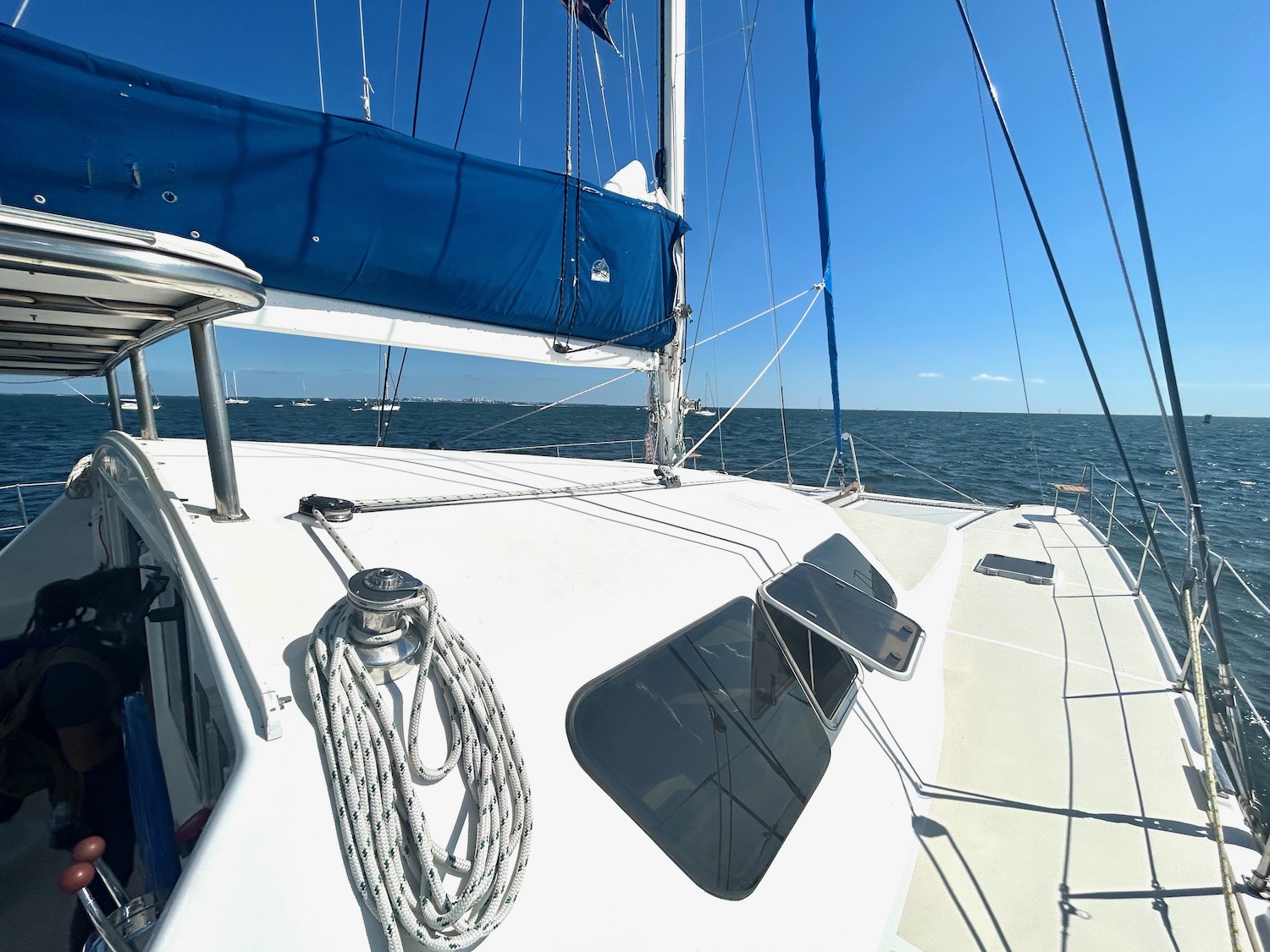 48ft Sailing Cat yacht rental Miami - flybridge with panoramic views of Miami skyline