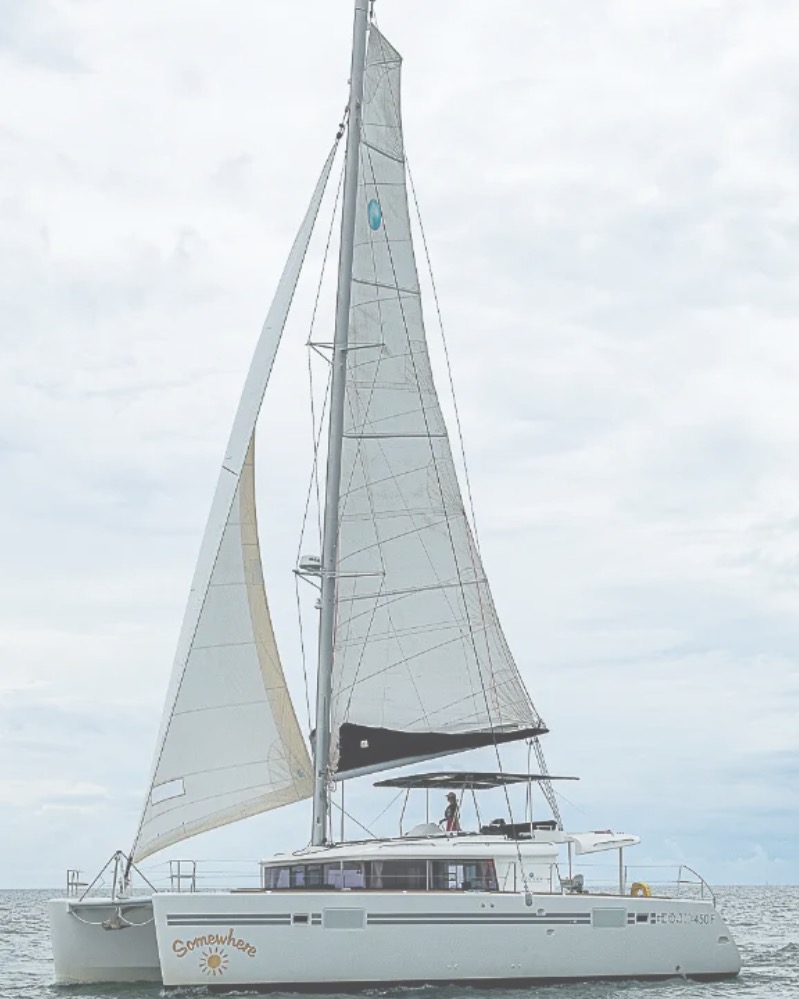 45ft Lagoon 450F (2018) yacht rental Miami - flybridge with panoramic views of Miami skyline