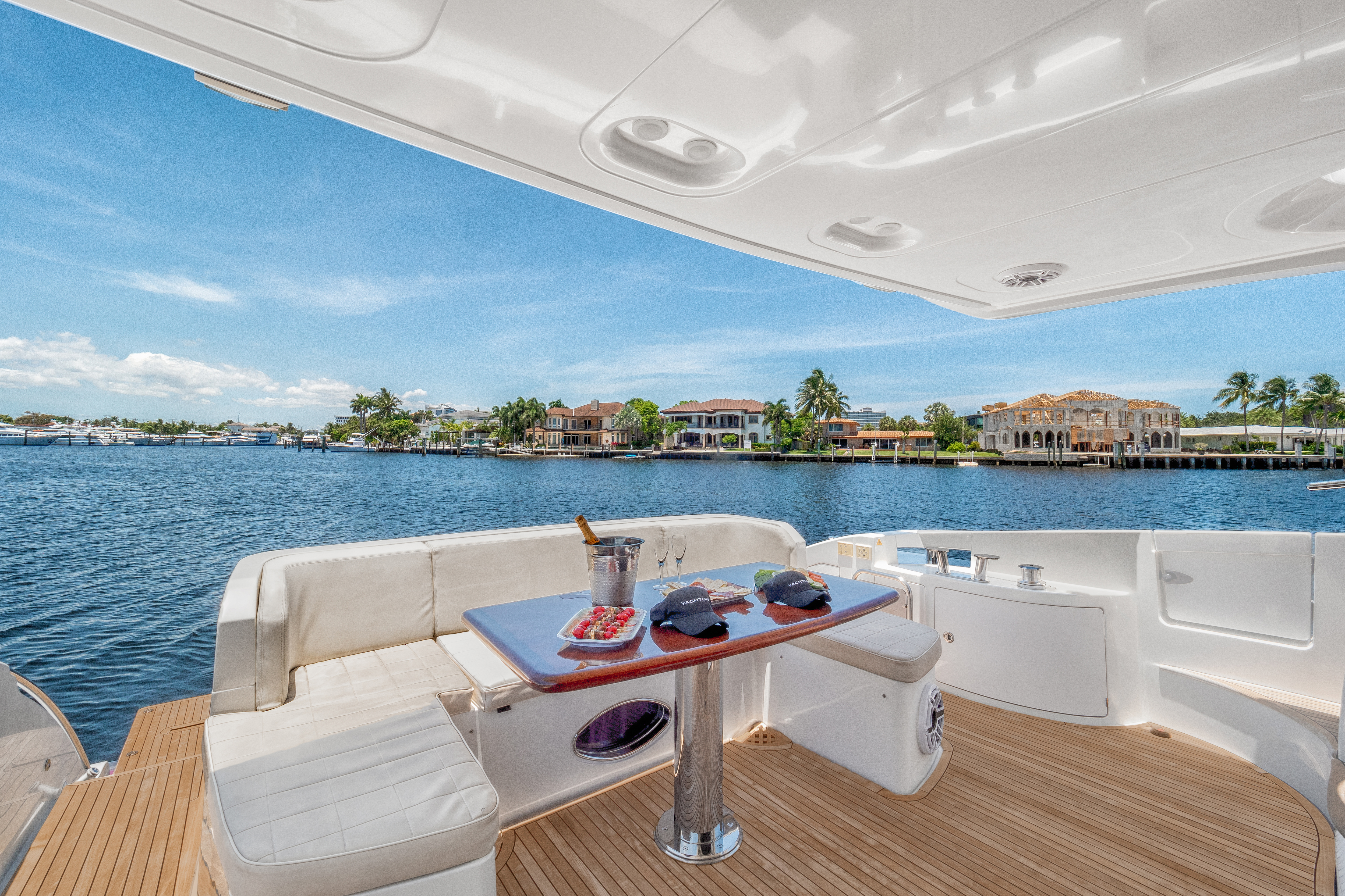 64ft Azimut - FLL yacht rental Miami - flybridge with panoramic views of Miami skyline