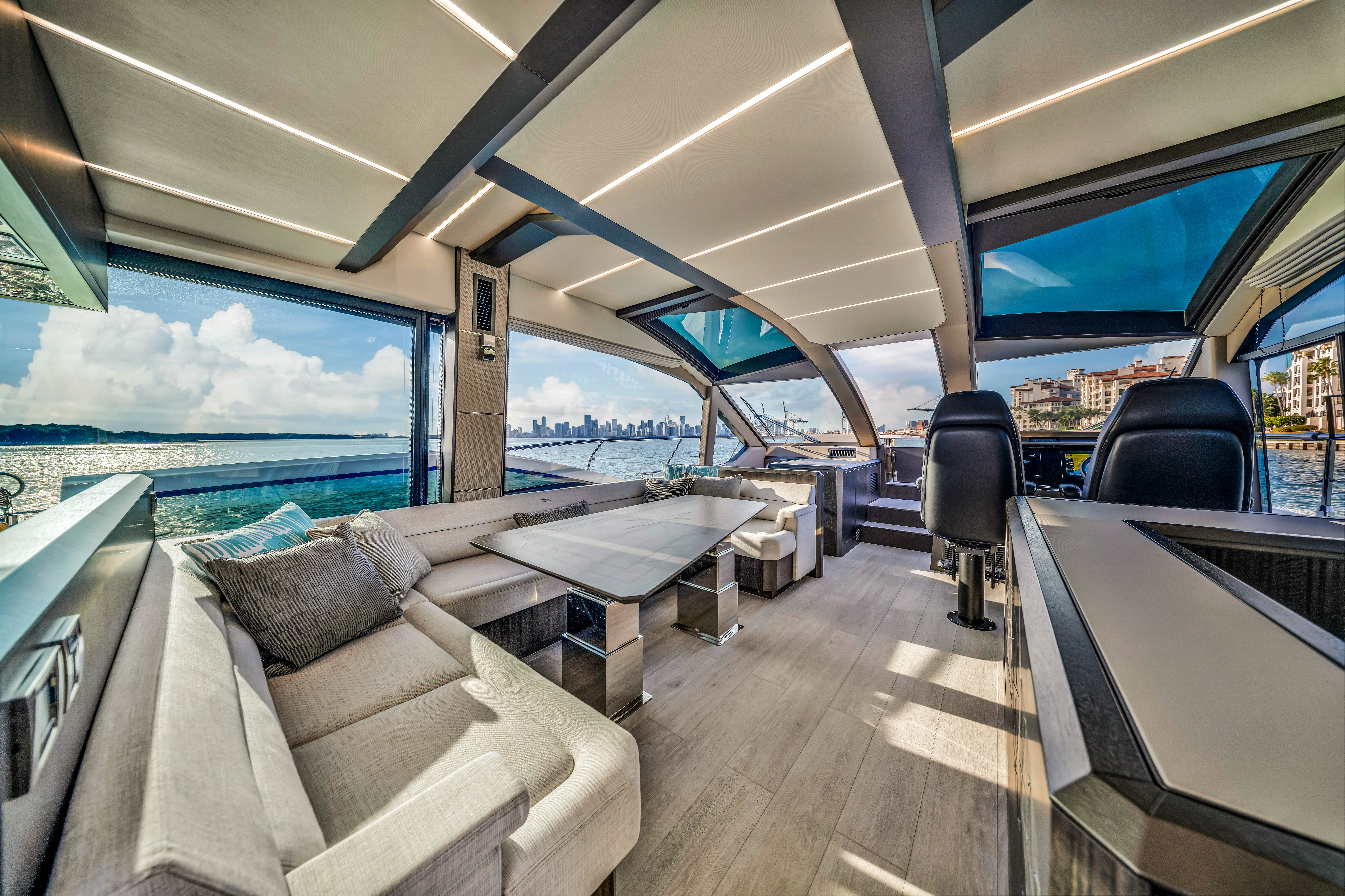 68ft Galeon (2025) yacht rental Miami - elegant interior salon for corporate events and private gatherings