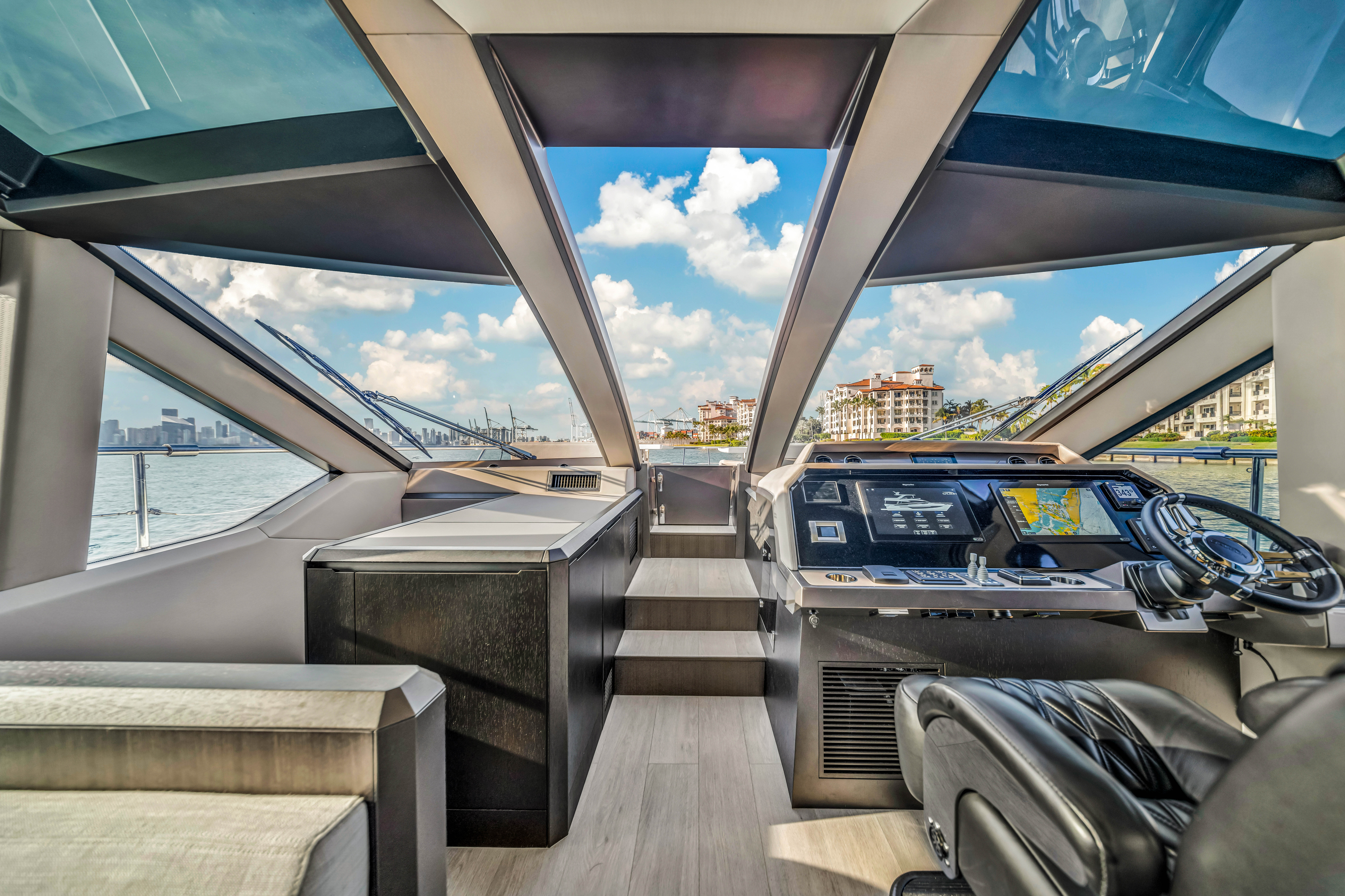 68ft Galeon (2025) yacht rental Miami - flybridge with panoramic views of Miami skyline