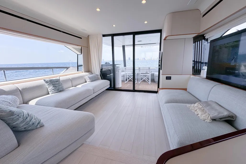 70ft Azimut 68 Fly (2023) yacht rental Miami - elegant interior salon for corporate events and private gatherings