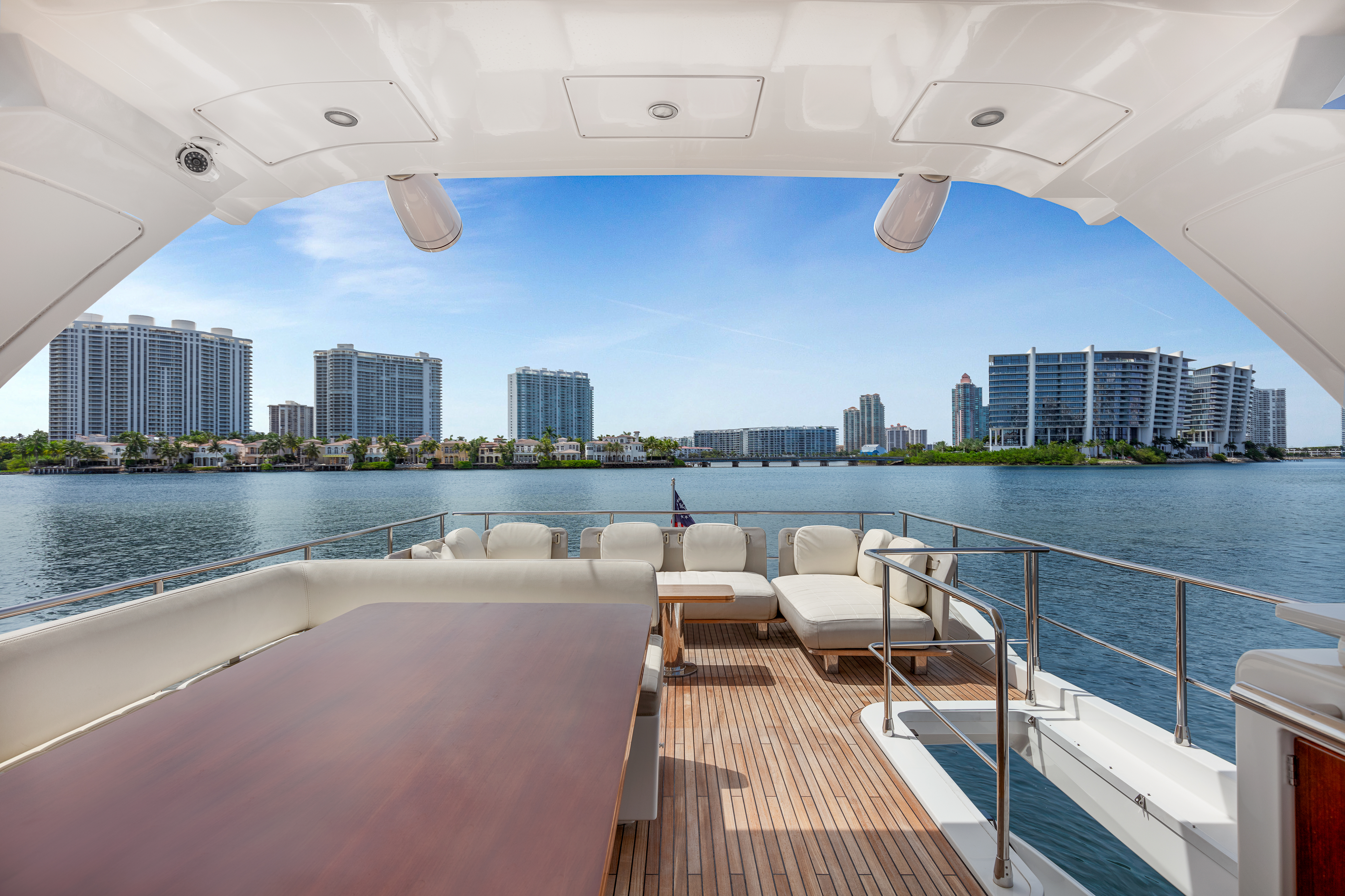 70ft Azimut GB yacht rental Miami - flybridge with panoramic views of Miami skyline