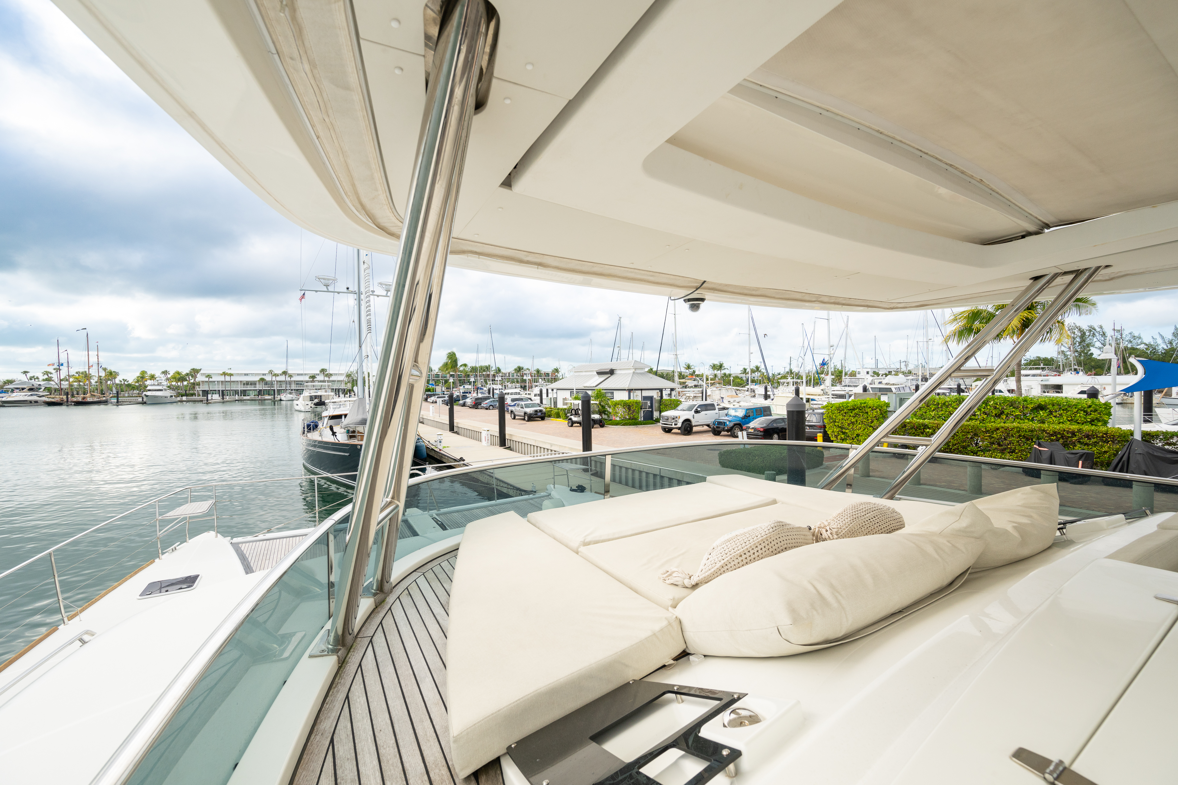 70ft Lagoon (2020) yacht rental Miami - flybridge with panoramic views of Miami skyline