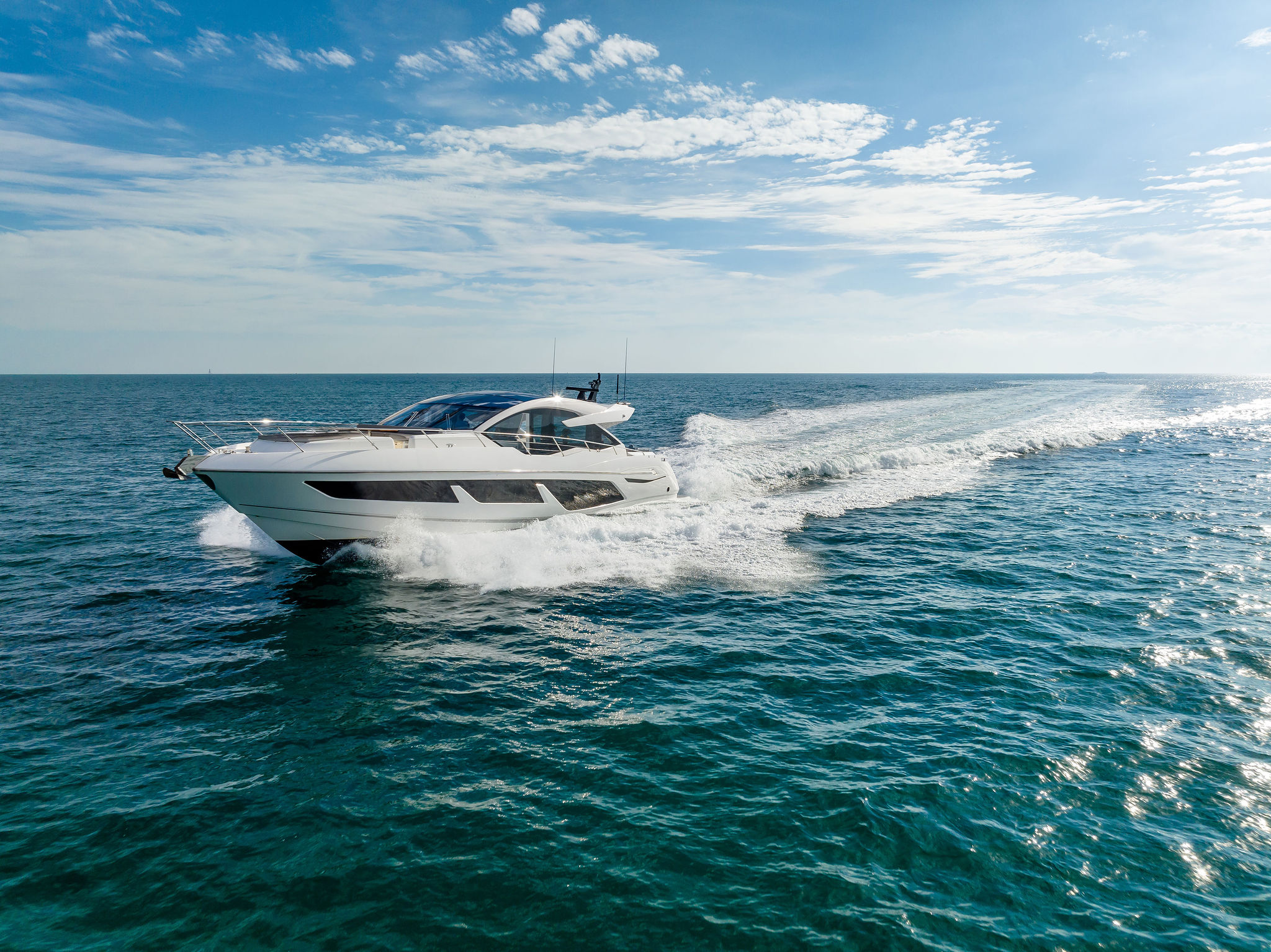 74ft Sunseeker yacht rental Miami - flybridge with panoramic views of Miami skyline