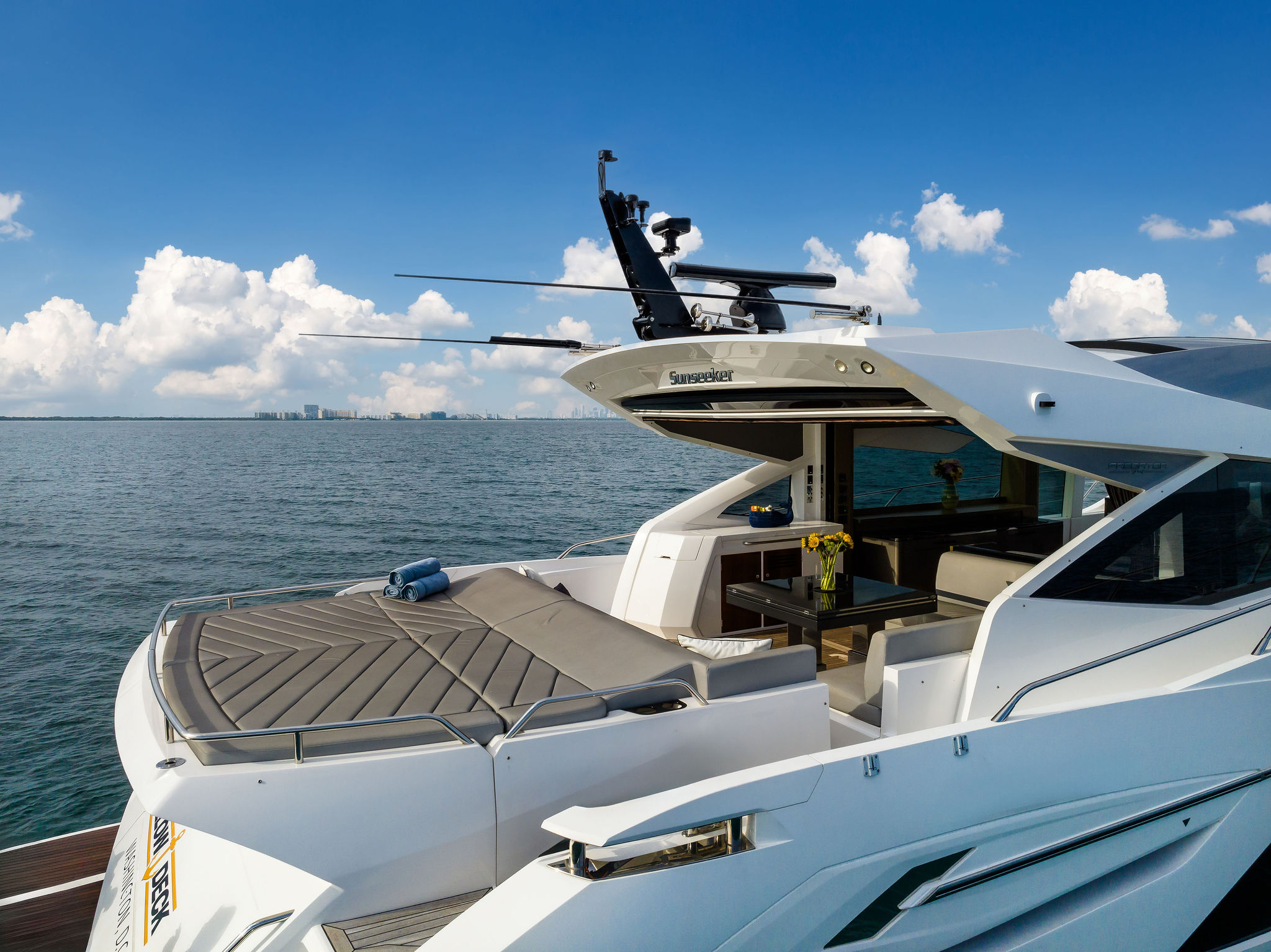 74ft Sunseeker yacht rental Miami - comfortable lounge area for group celebrations
