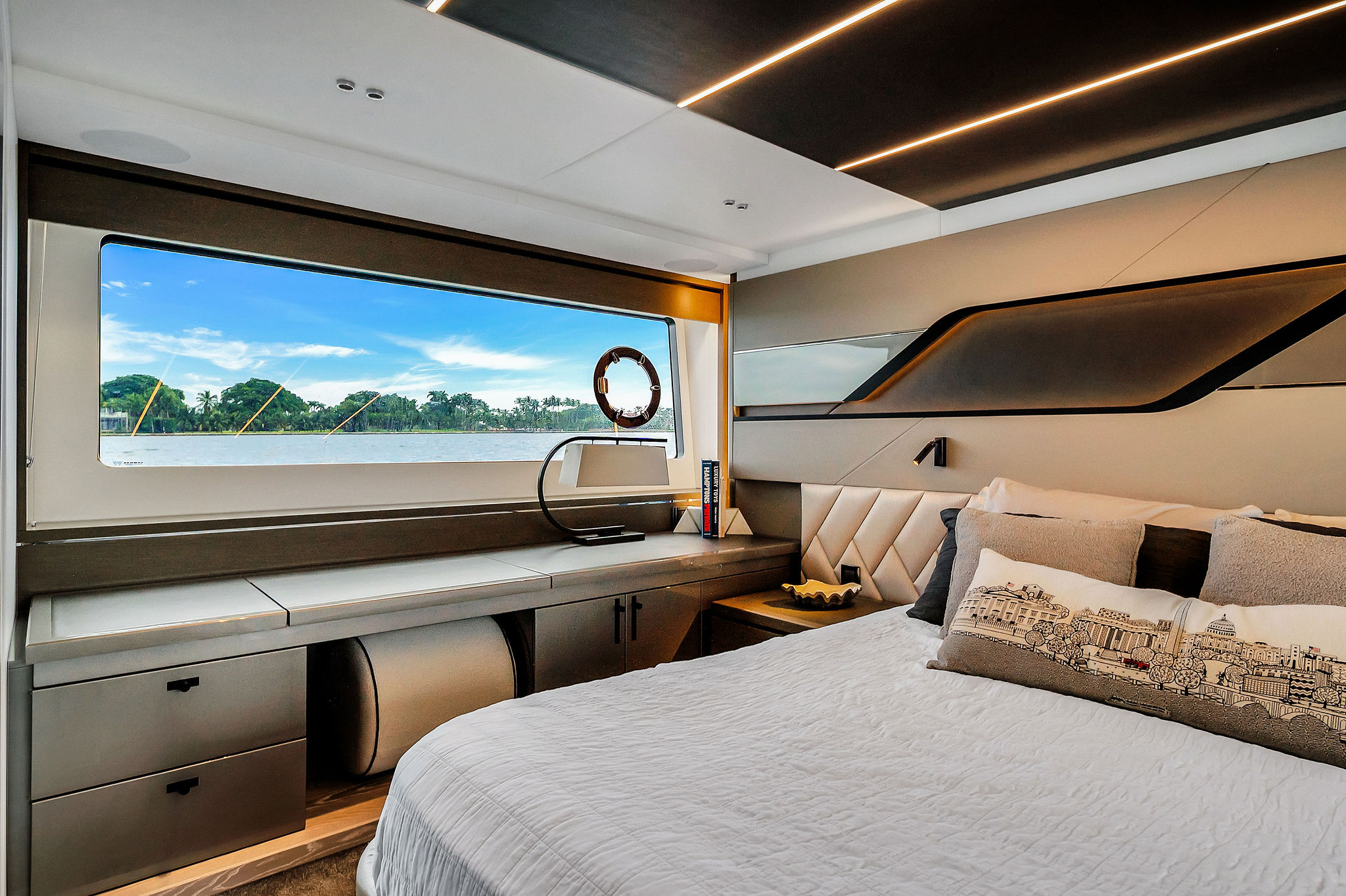 74ft Sunseeker yacht rental Miami - elegant interior salon for corporate events and private gatherings