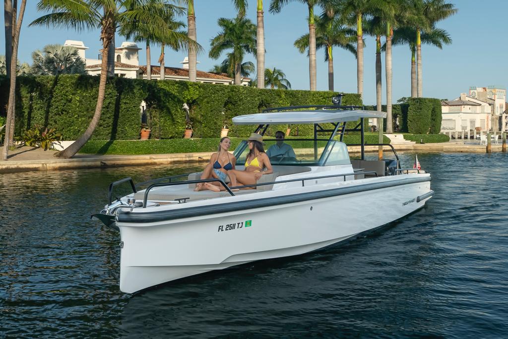 38ft Axopar yacht rental Miami - flybridge with panoramic views of Miami skyline