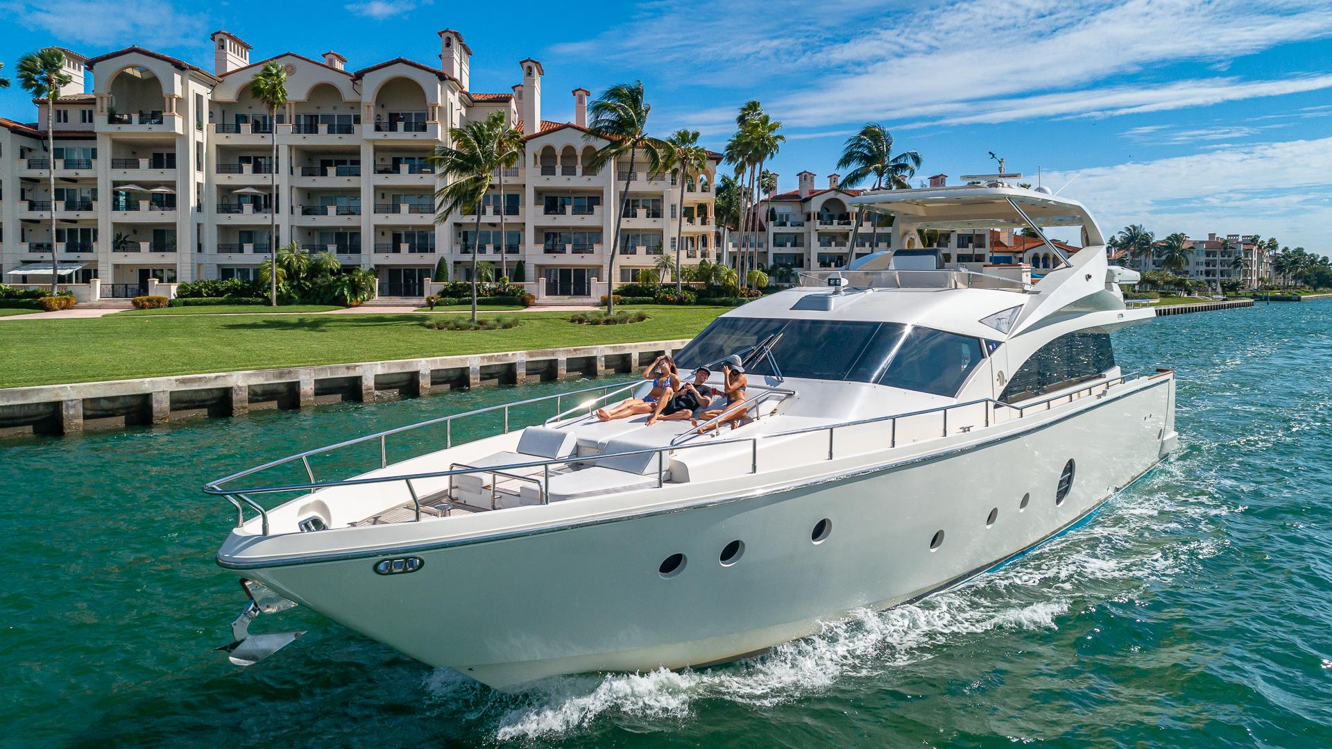 75ft Aicon yacht rental Miami - flybridge with panoramic views of Miami skyline