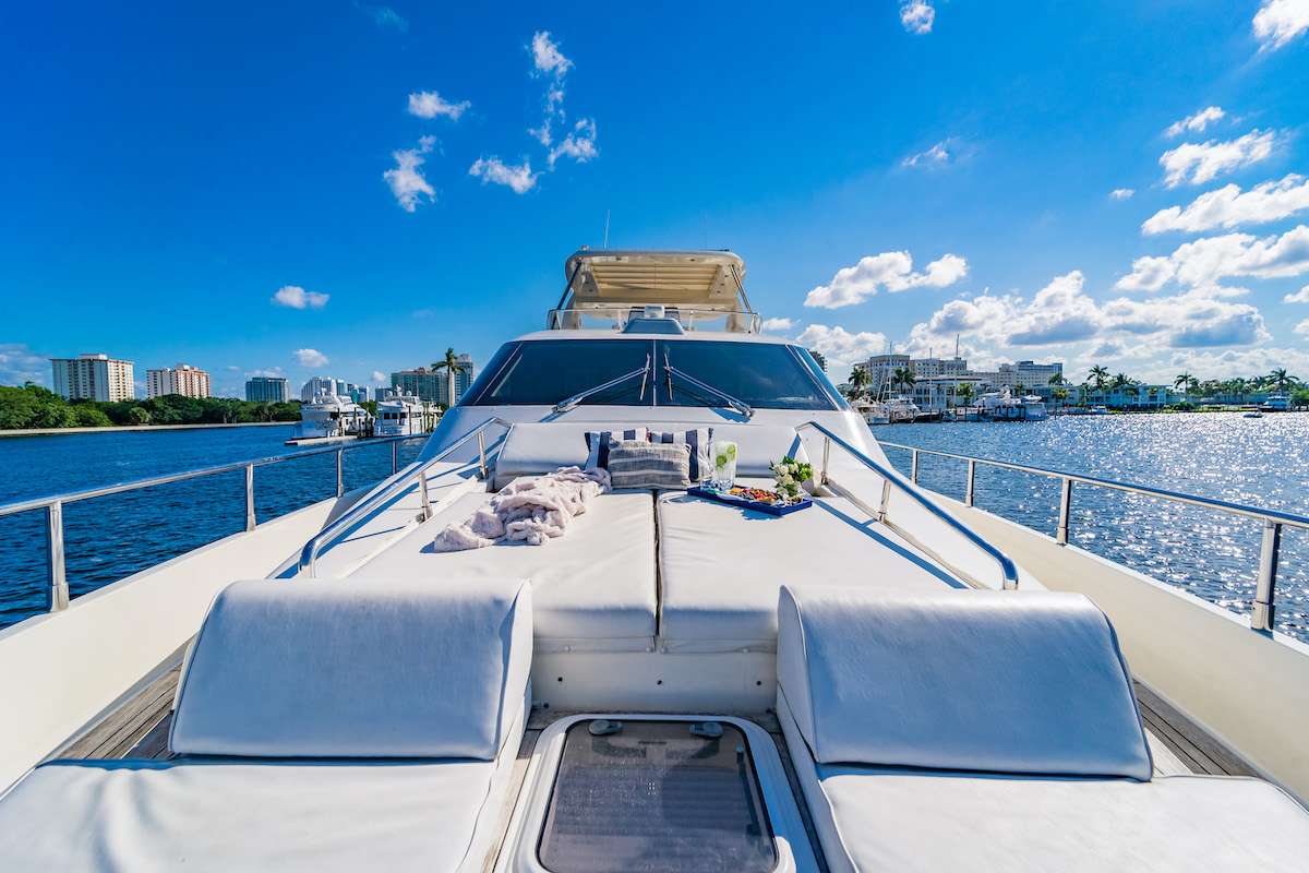 75ft Aicon yacht rental Miami - comfortable lounge area for group celebrations