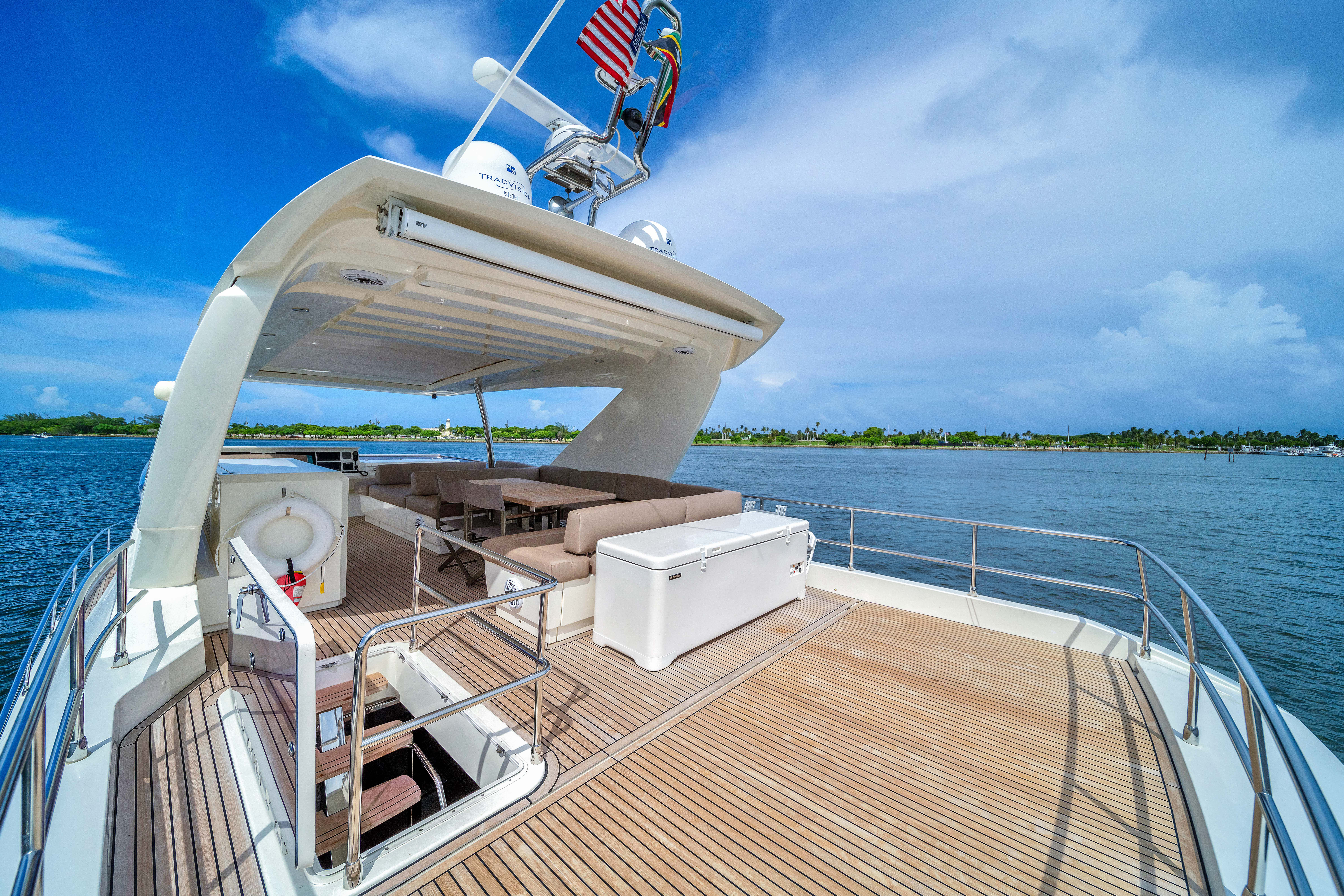 75ft Prestige yacht rental Miami - bow seating area perfect for sunbathing and relaxation