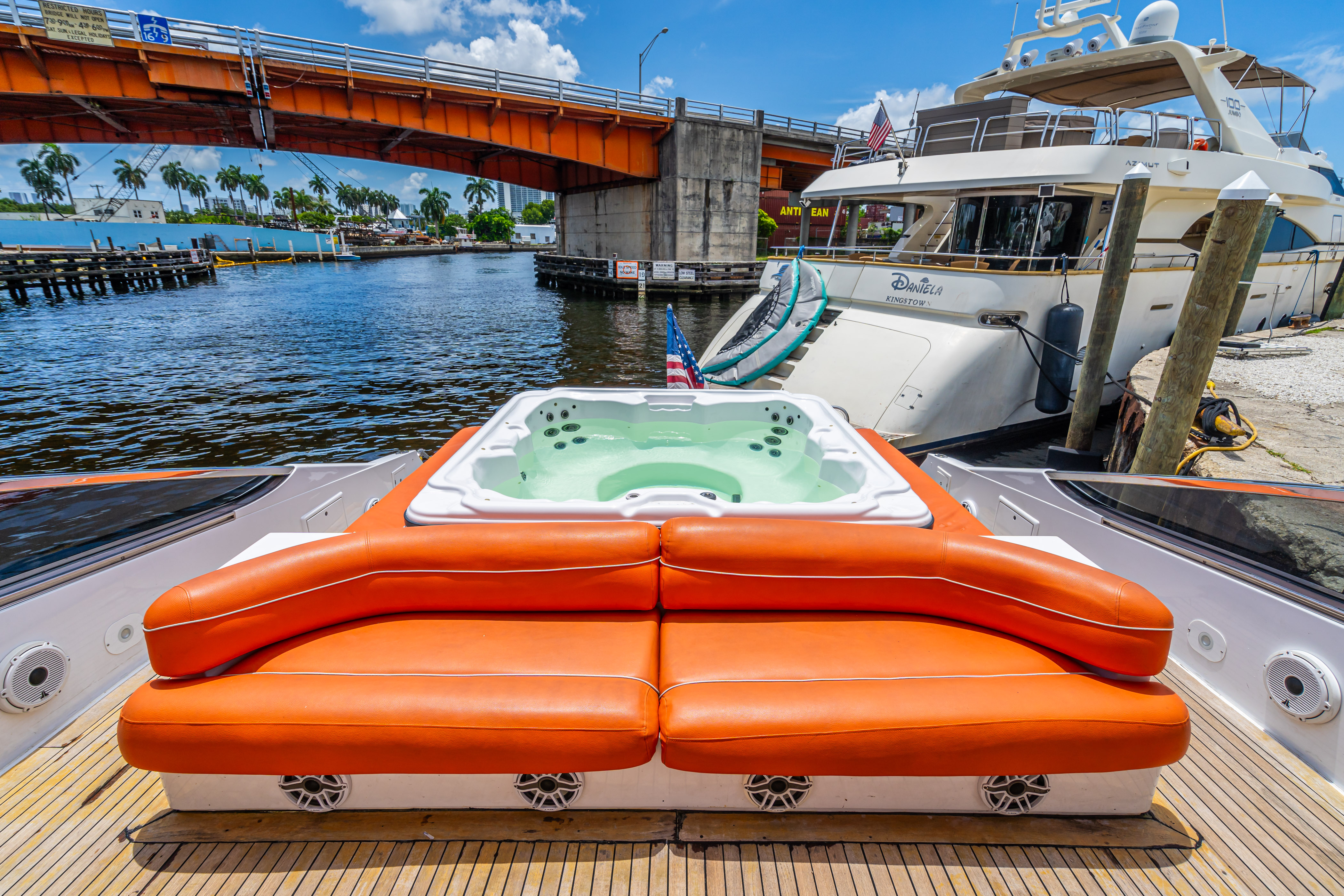 85ft Baia Panther yacht rental Miami - comfortable lounge area for group celebrations