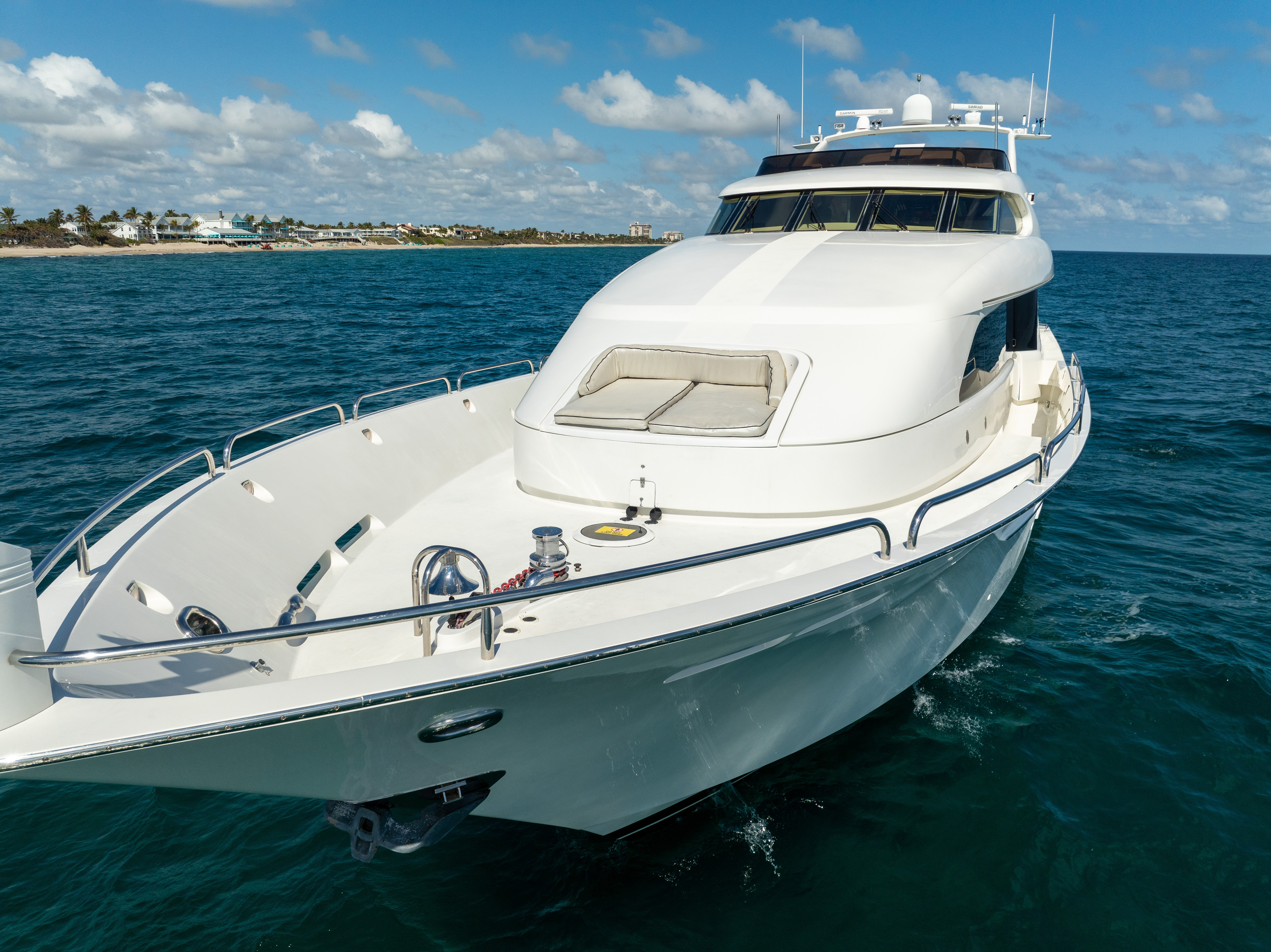 94ft Lazzara yacht rental Miami - flybridge with panoramic views of Miami skyline