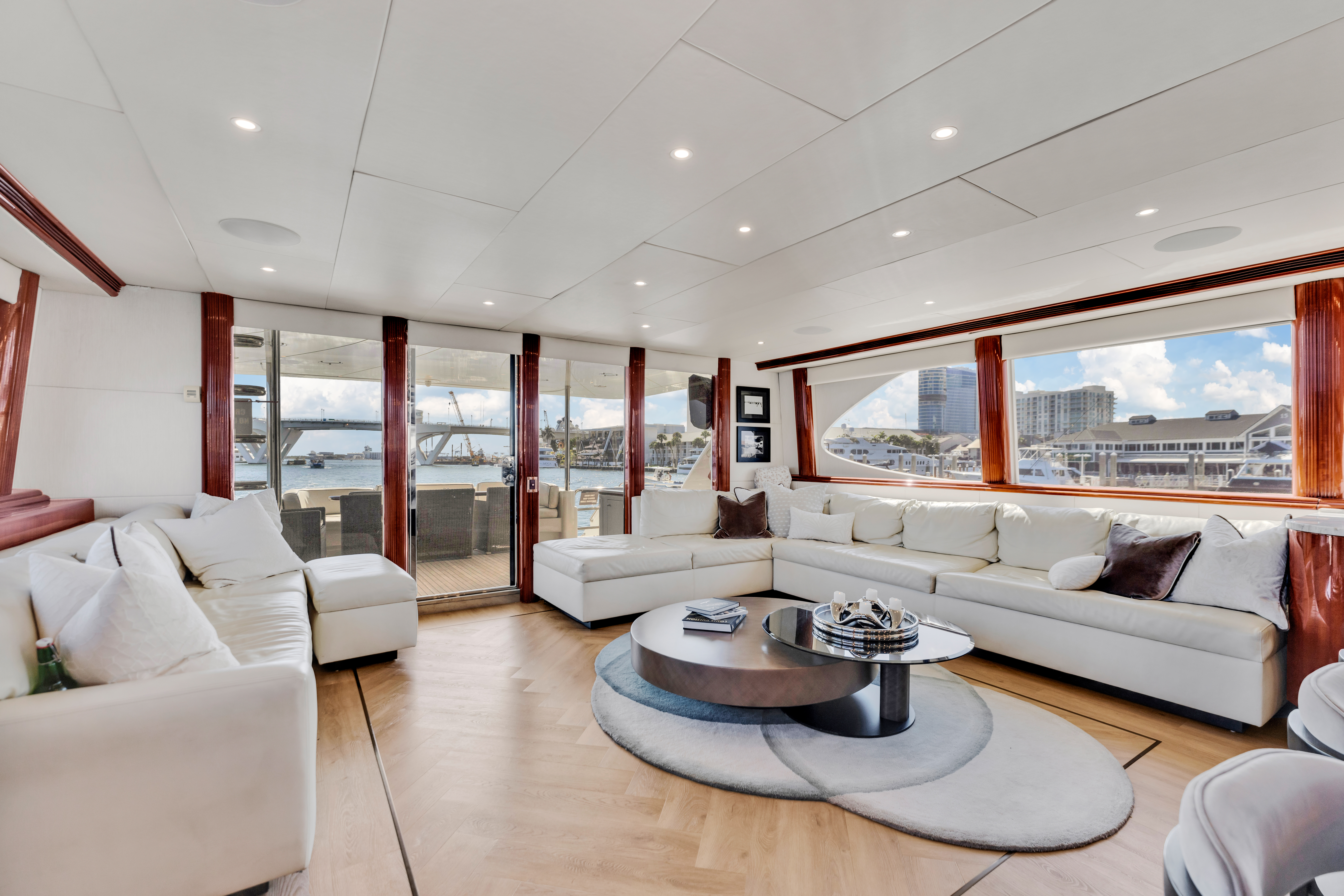 94ft Lazzara yacht rental Miami - elegant interior salon for corporate events and private gatherings