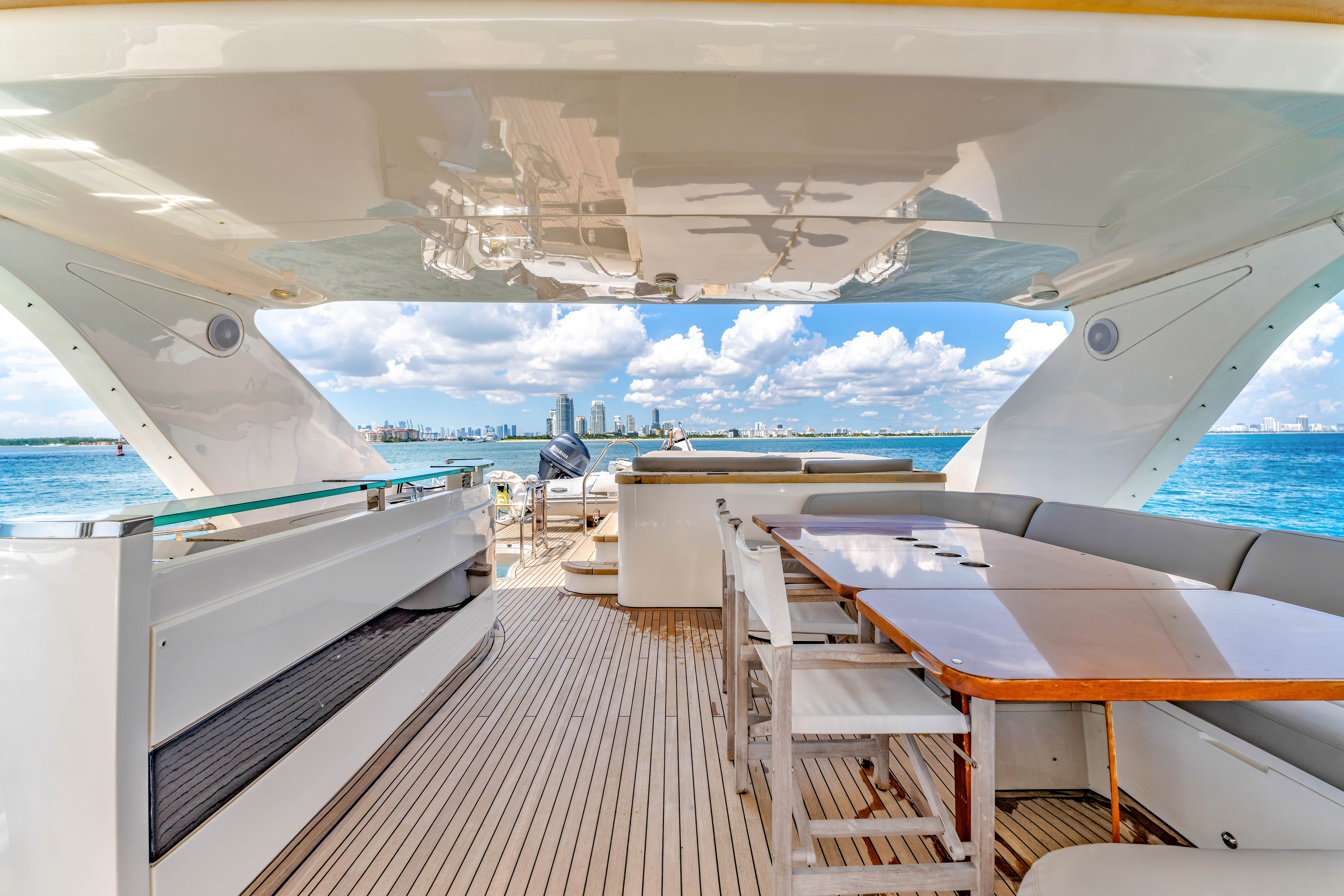 88ft Princess yacht rental Miami - flybridge with panoramic views of Miami skyline