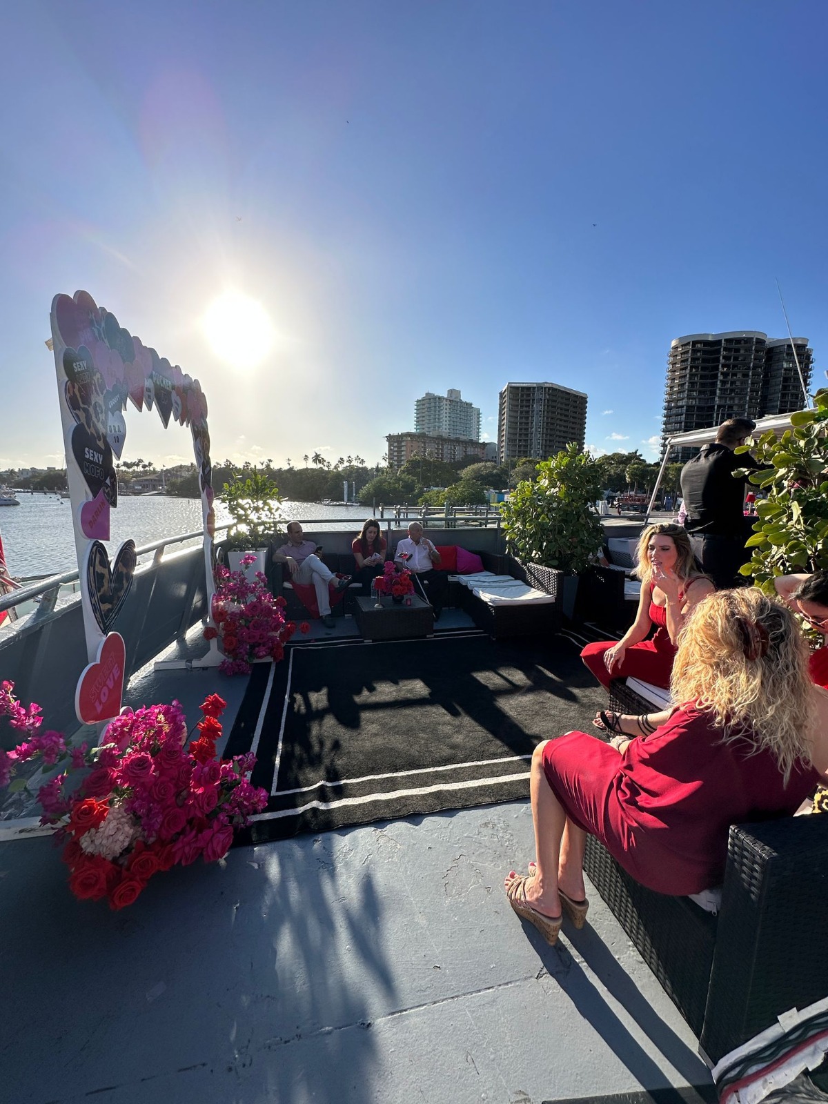 75ft Celeb yacht rental Miami - flybridge with panoramic views of Miami skyline
