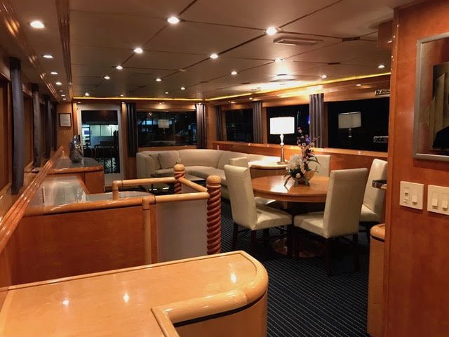 80ft Sol yacht rental Miami - flybridge with panoramic views of Miami skyline