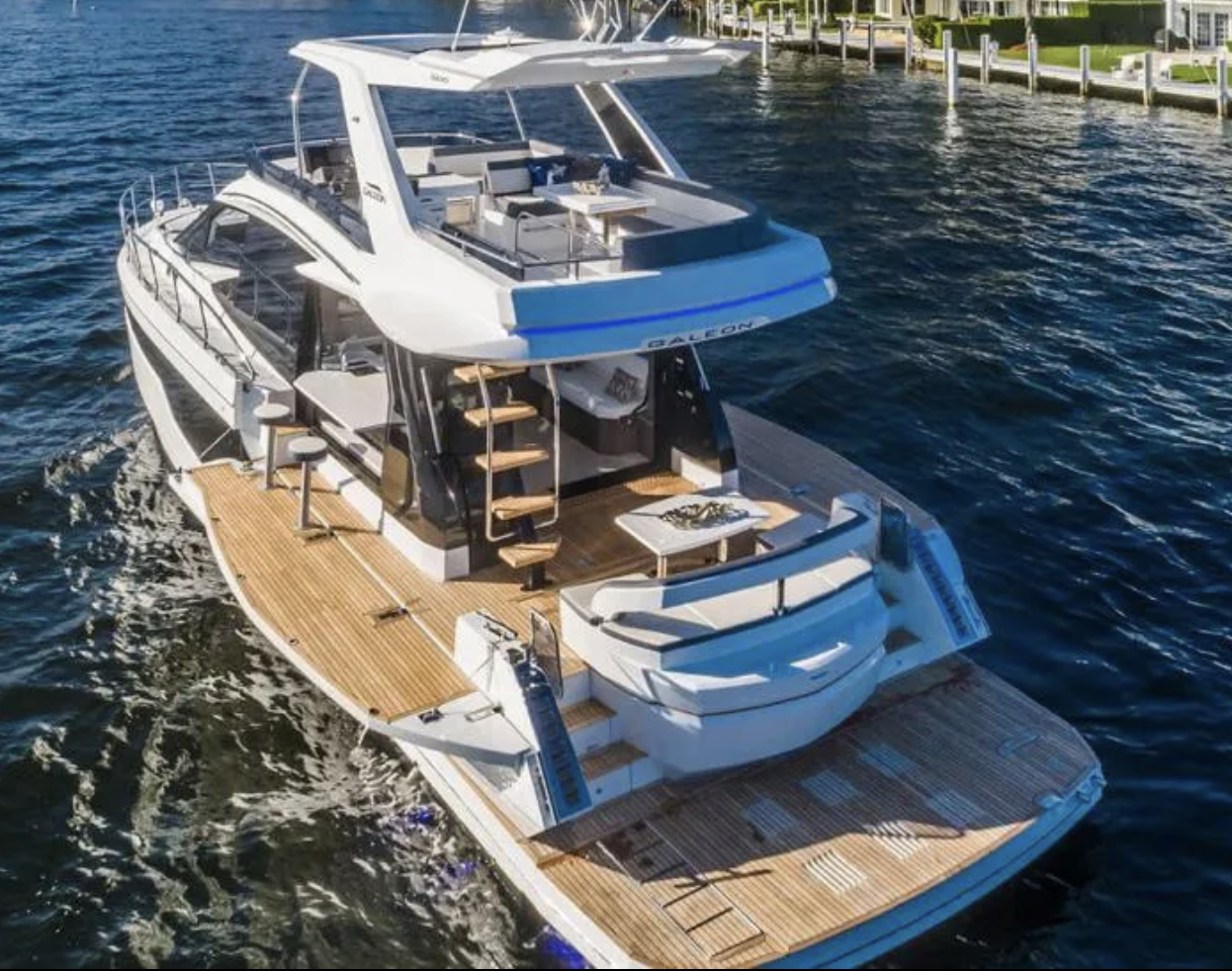 53ft Galeon Fly (2024) yacht rental Miami - flybridge with panoramic views of Miami skyline