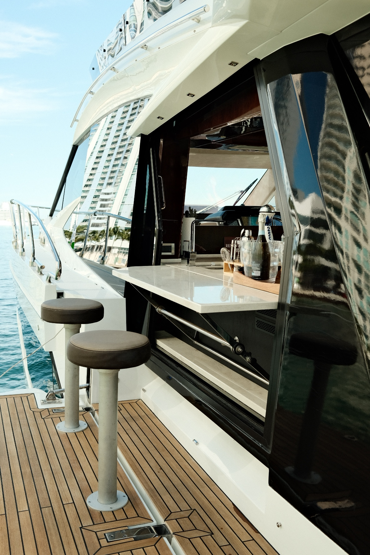 53ft Galeon Fly (2024) yacht rental Miami - elegant interior salon for corporate events and private gatherings