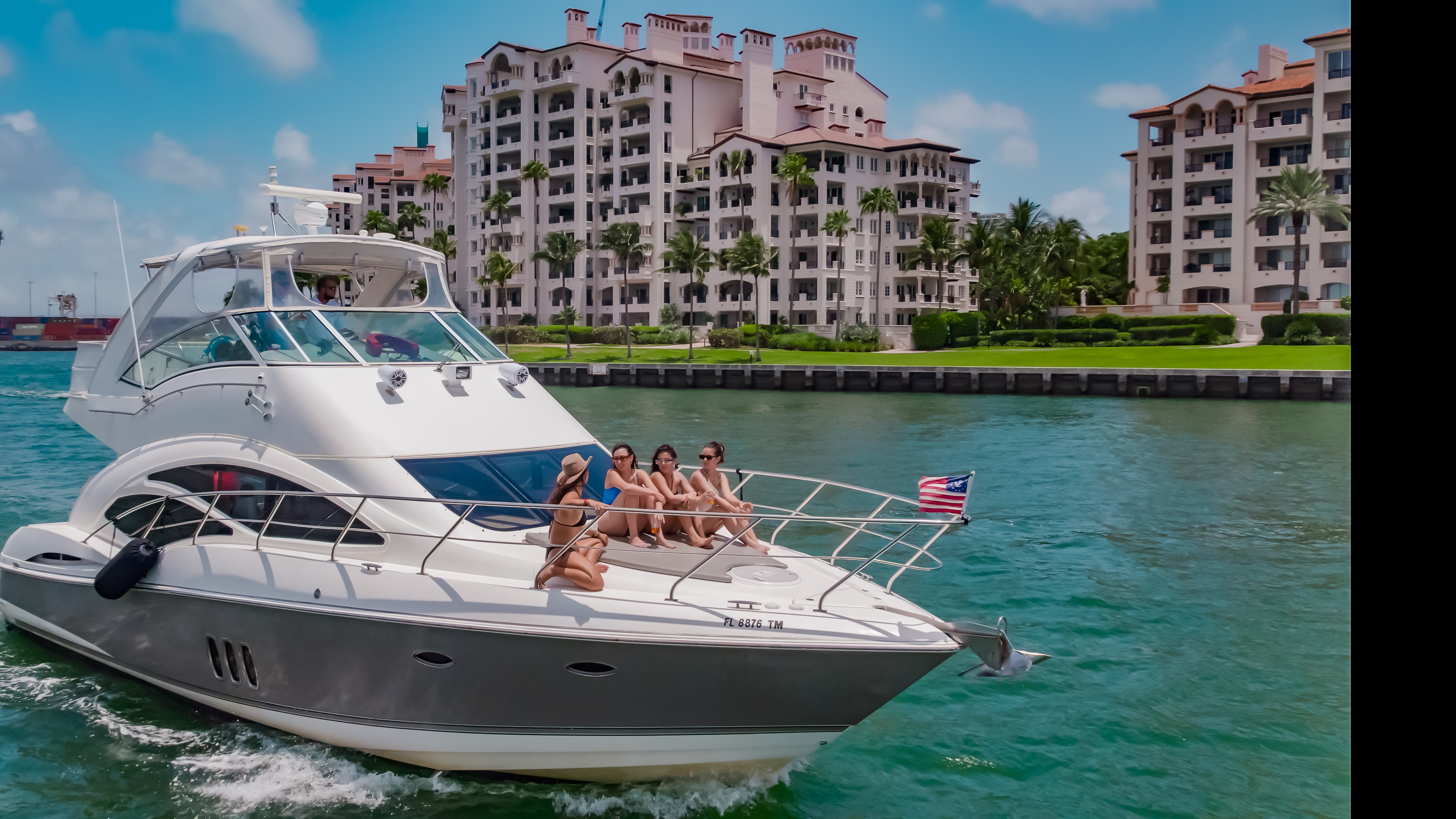 50ft Cruiser Sport Fly yacht rental Miami - elegant interior salon for corporate events and private gatherings