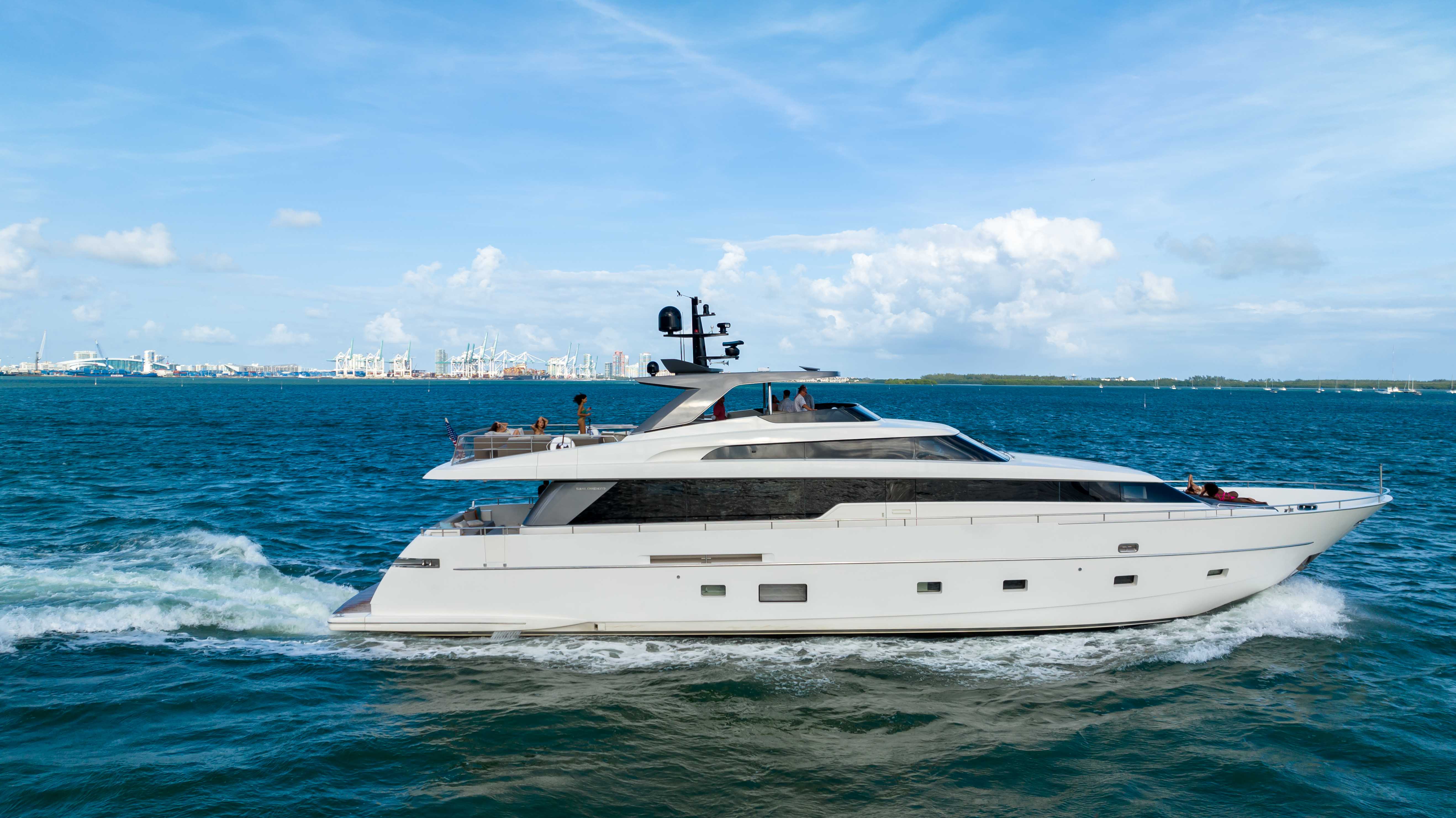 97ft San Lorenzo yacht rental Miami - comfortable lounge area for group celebrations