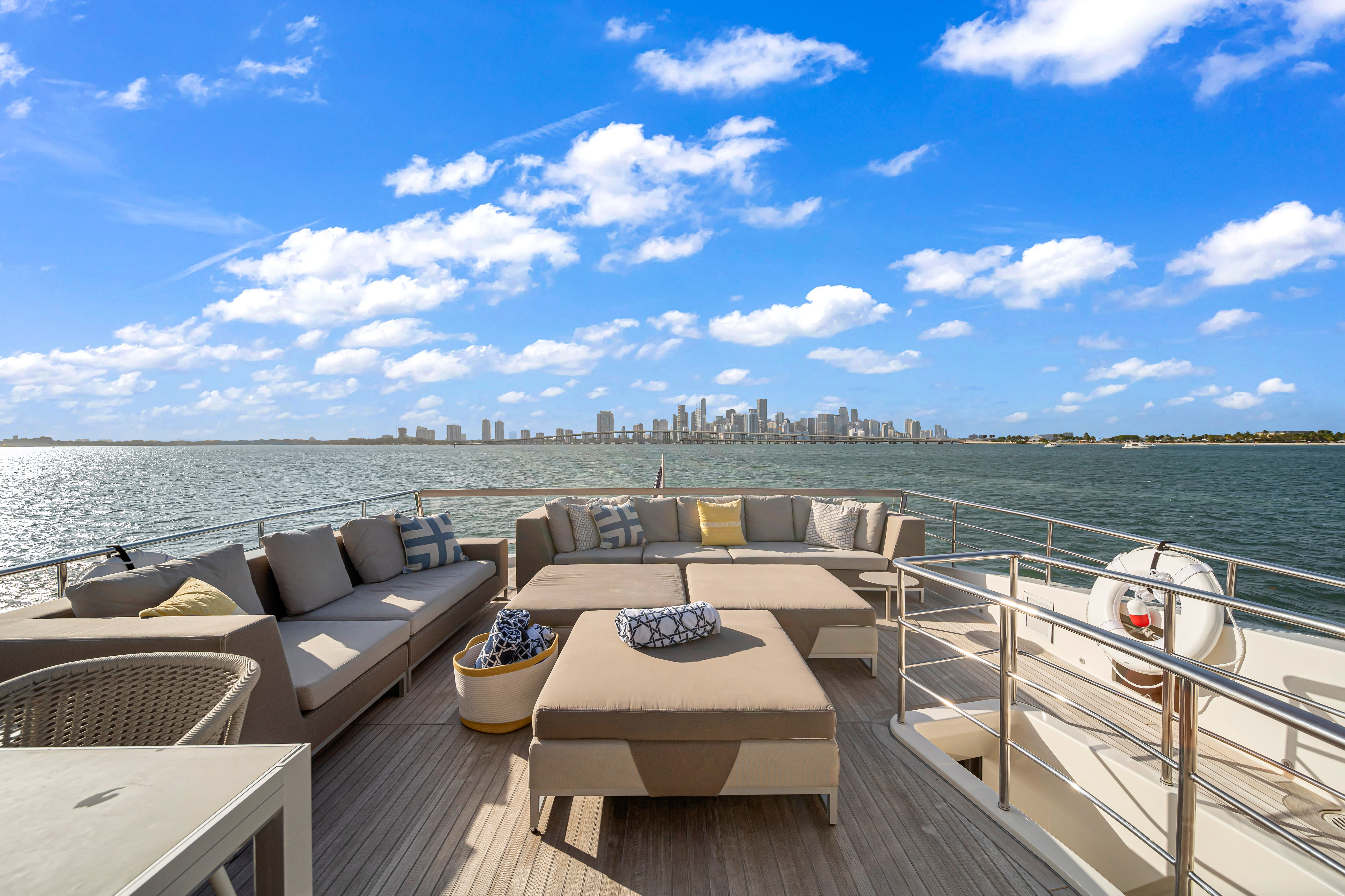 97ft San Lorenzo yacht rental Miami - comfortable lounge area for group celebrations