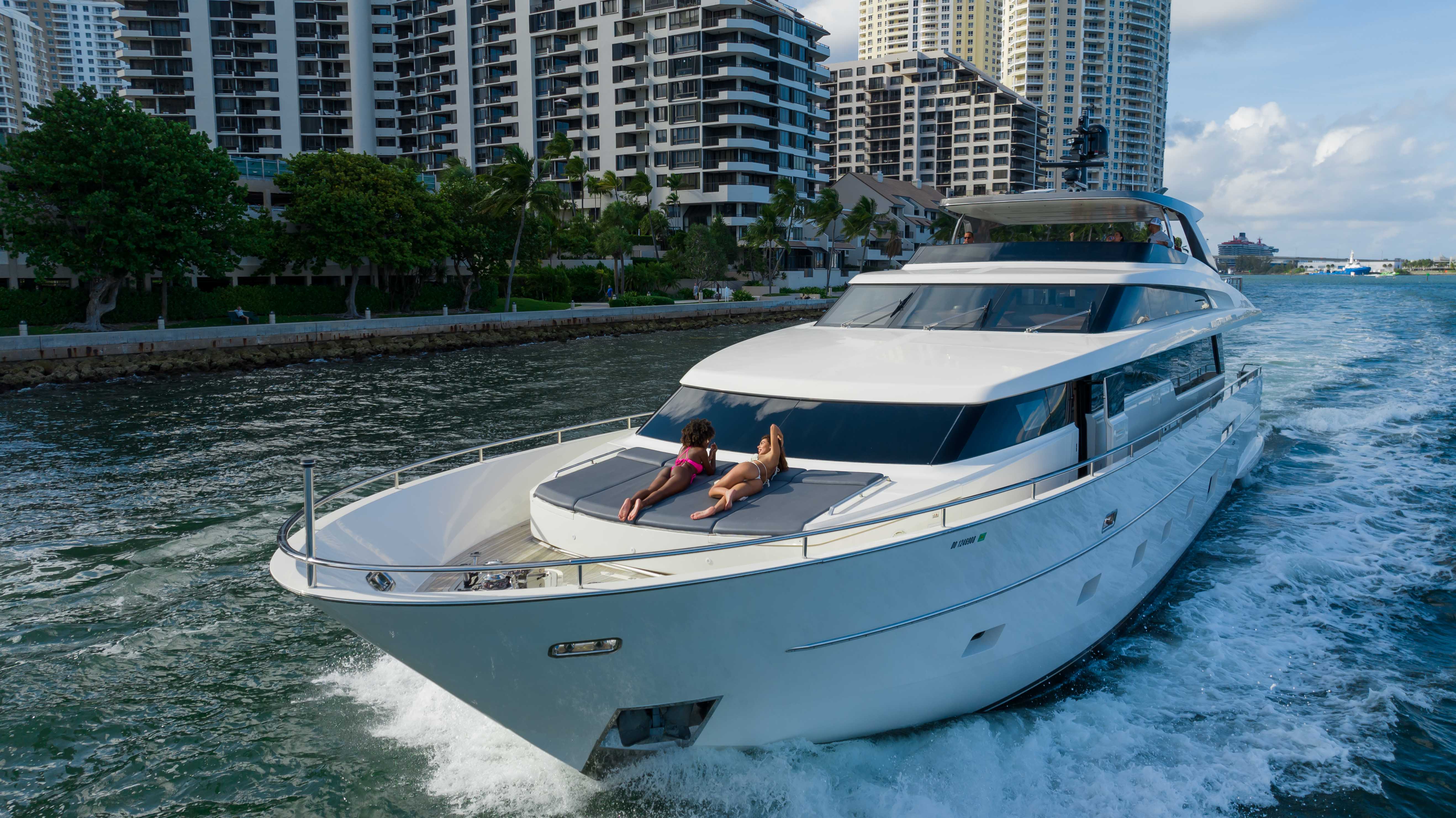 97ft San Lorenzo yacht rental Miami - flybridge with panoramic views of Miami skyline