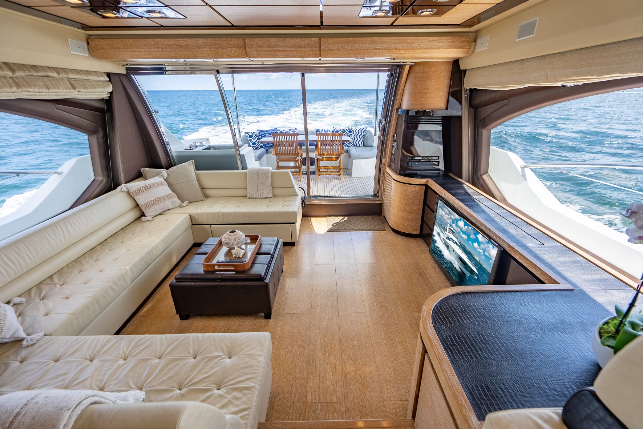 70ft Azimut DLT yacht rental Miami - elegant interior salon for corporate events and private gatherings
