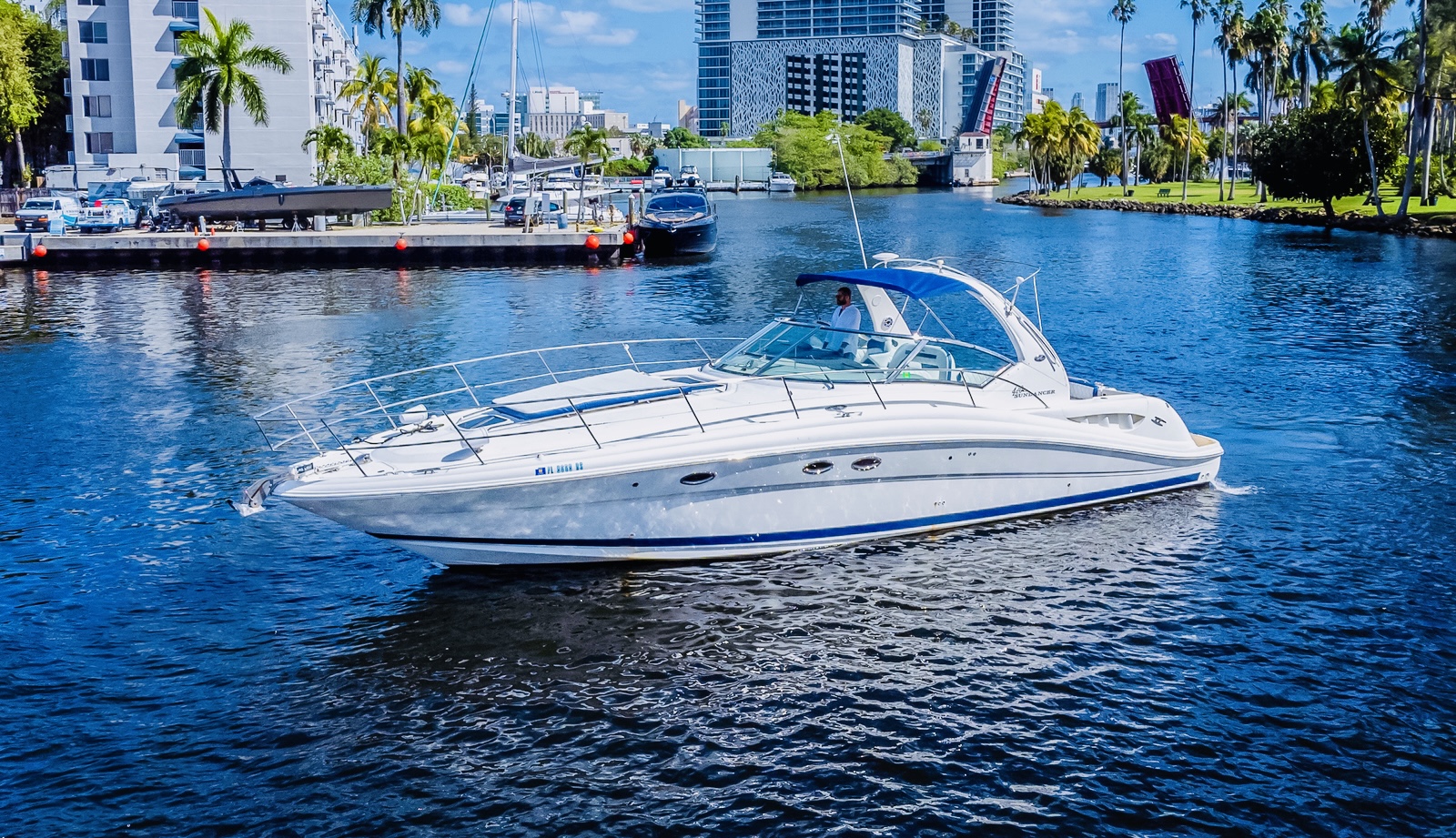 50ft Sundancer yacht rental Miami - comfortable lounge area for group celebrations
