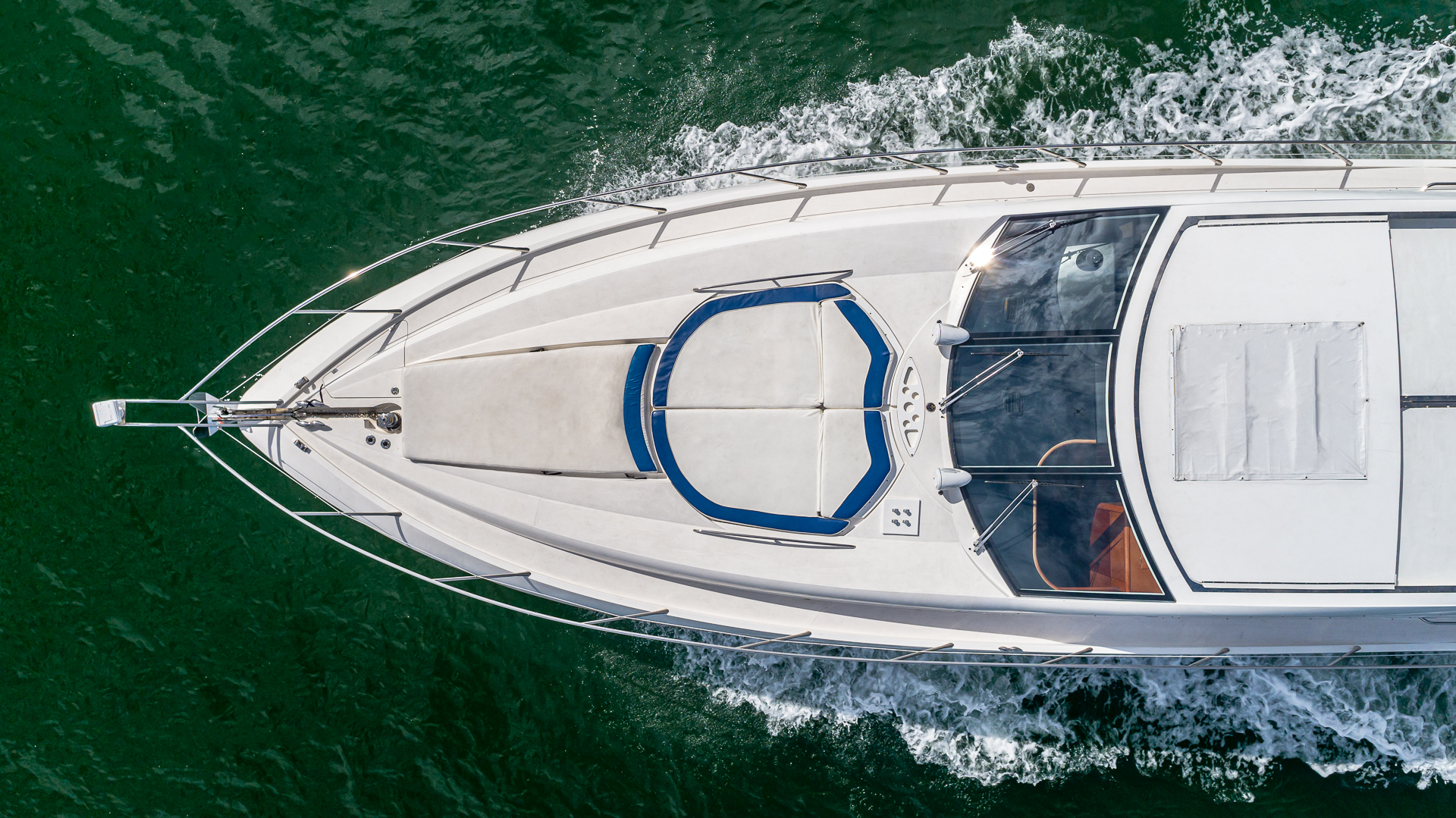 75ft Sunseeker Aquah yacht rental Miami - flybridge with panoramic views of Miami skyline
