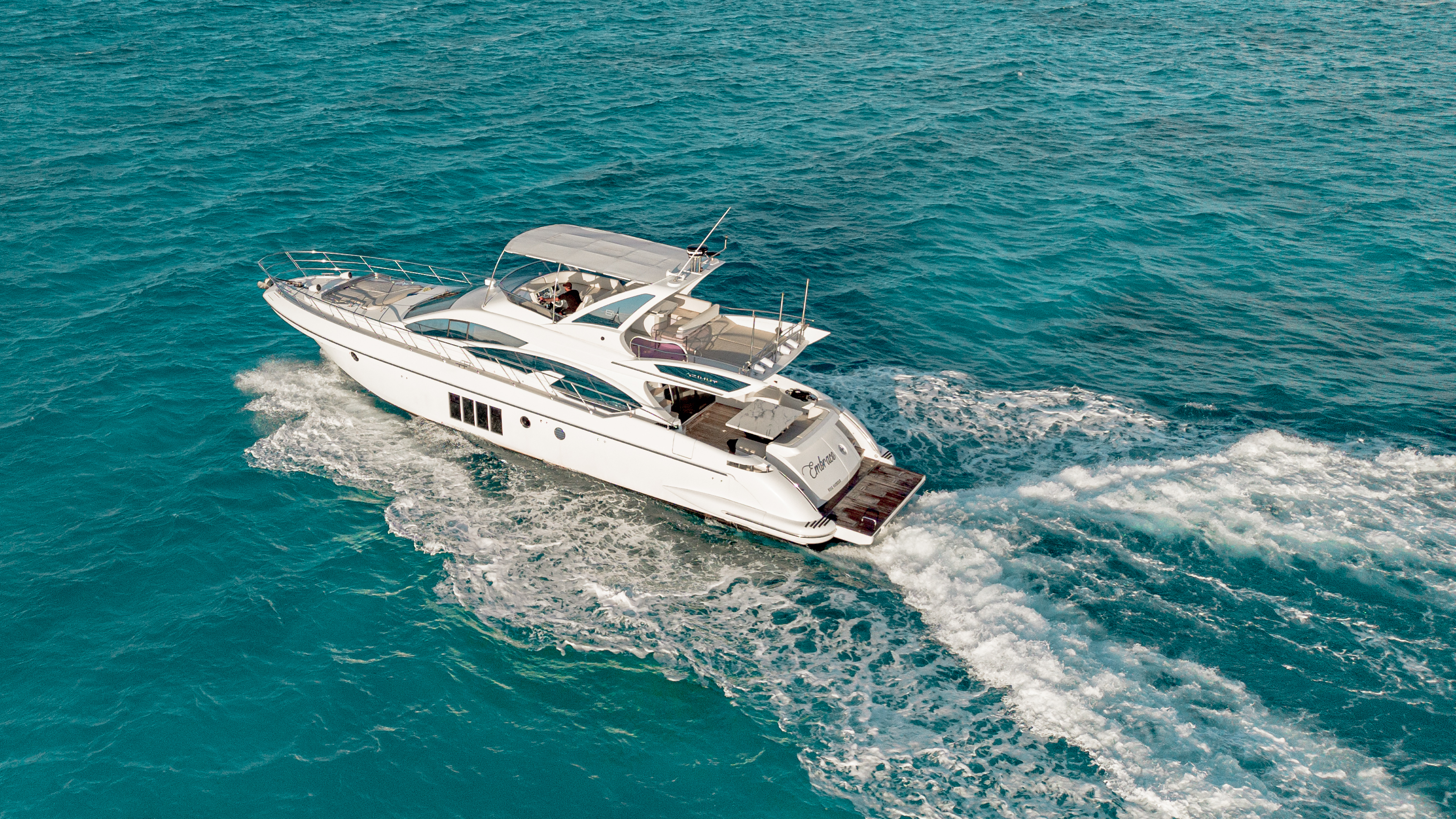 65ft Azimut yacht rental Miami - flybridge with panoramic views of Miami skyline