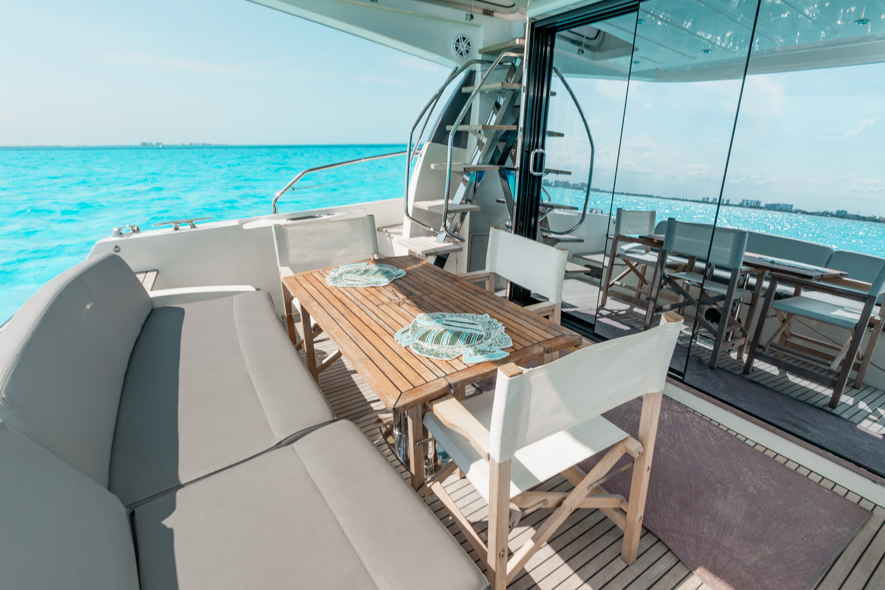 50ft Prestige yacht rental Miami - flybridge with panoramic views of Miami skyline