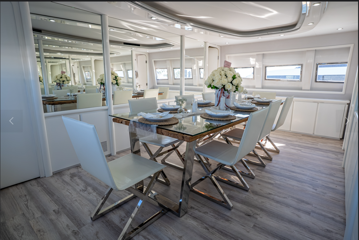 110ft Antago G yacht rental Miami - flybridge with panoramic views of Miami skyline