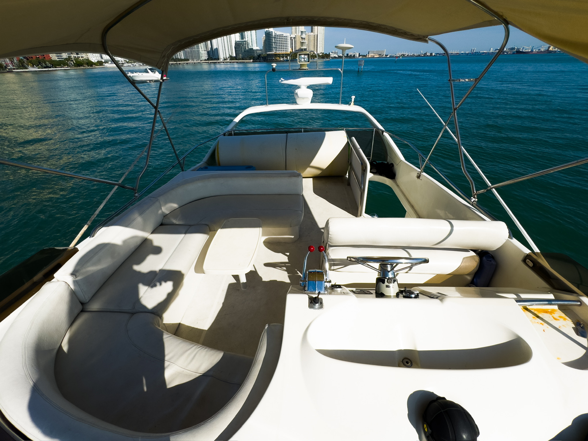 48ft Princess Flybridge yacht rental Miami - elegant interior salon for corporate events and private gatherings