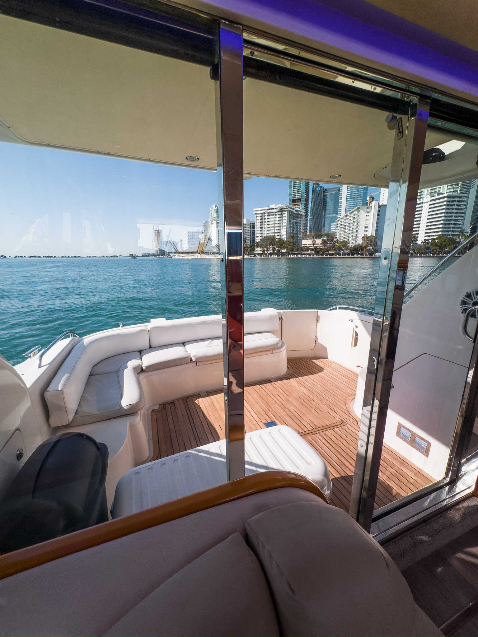 48ft Princess Flybridge yacht rental Miami - bow seating area perfect for sunbathing and relaxation