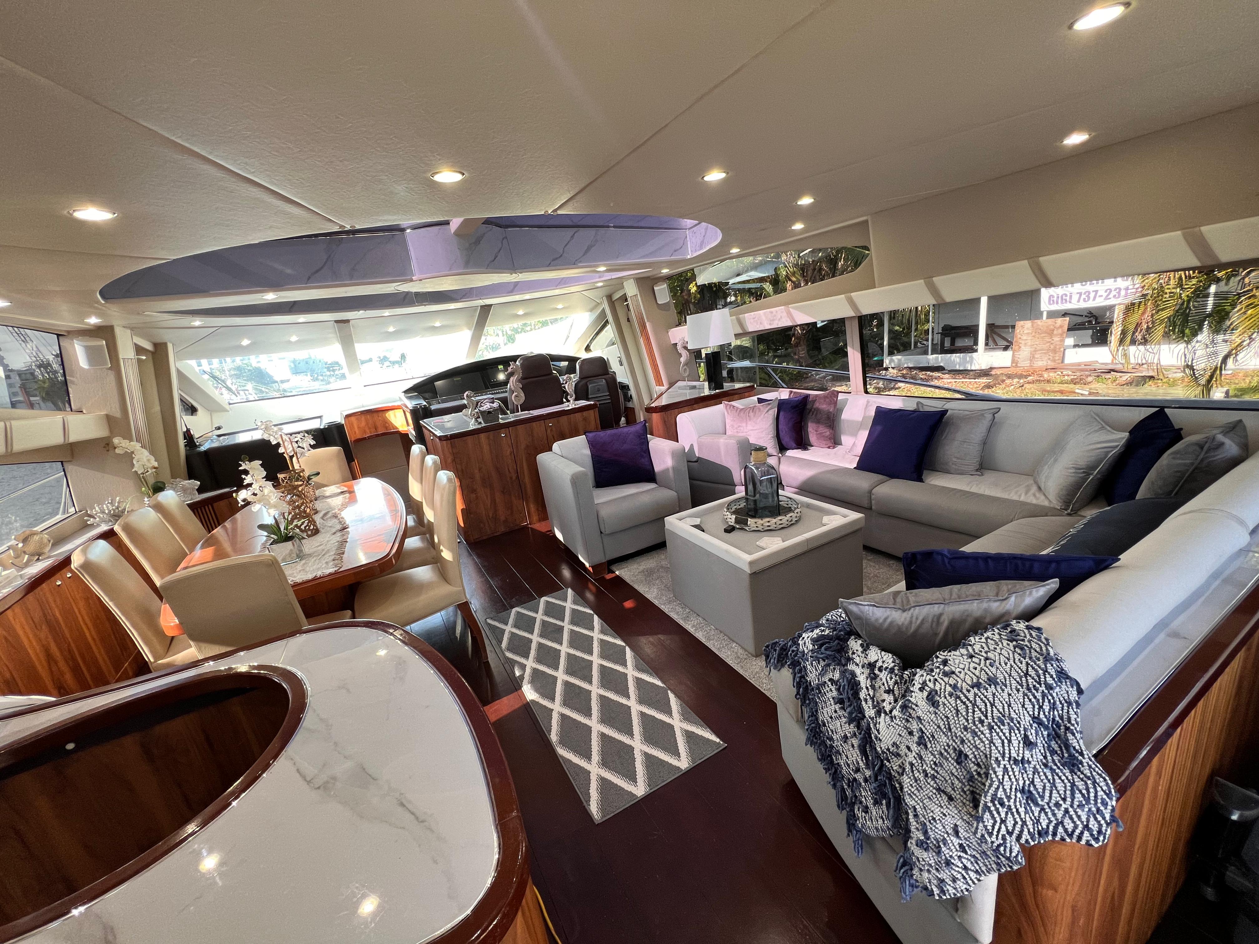 82ft Sunseeker Predator yacht rental Miami - elegant interior salon for corporate events and private gatherings