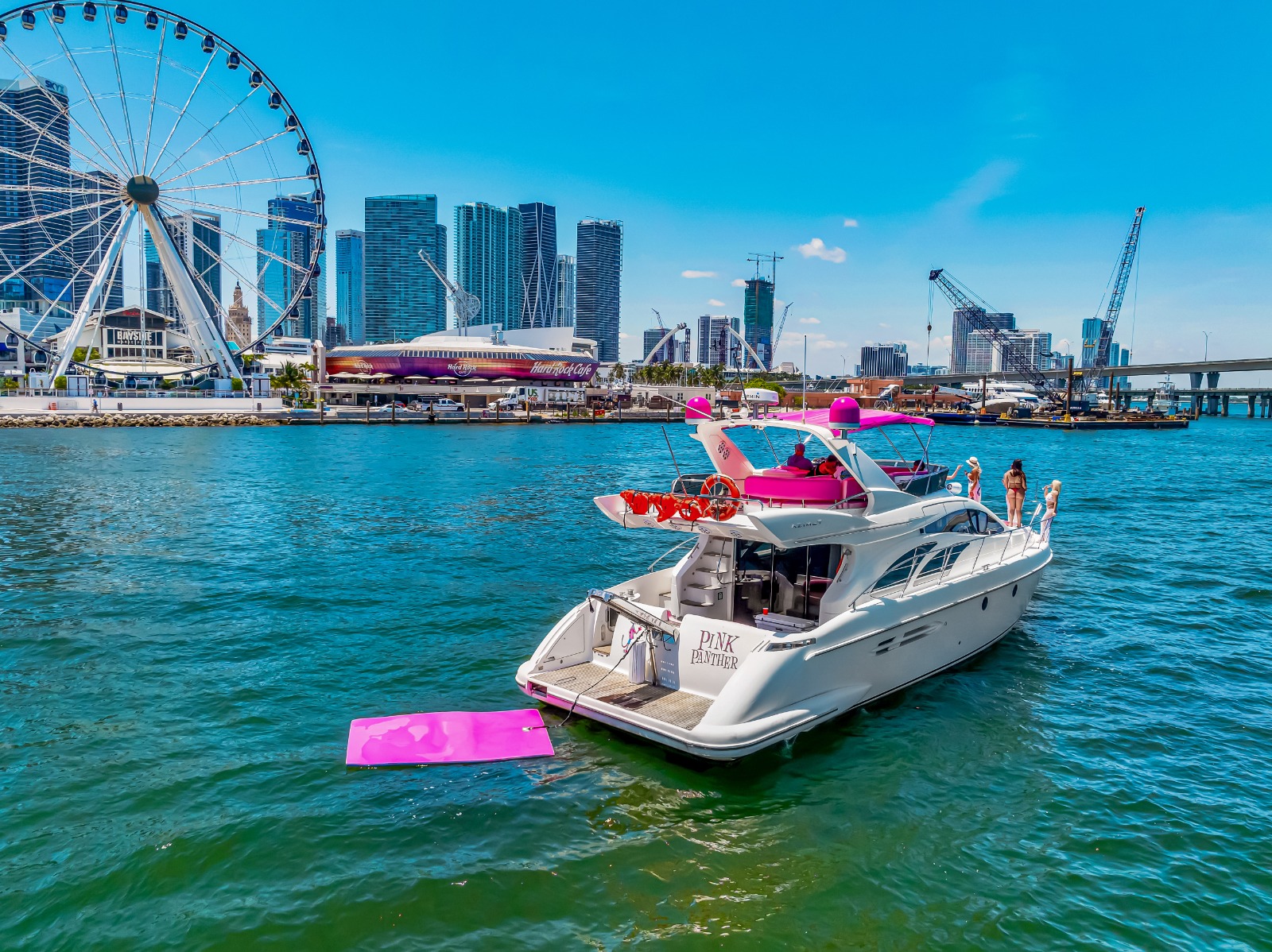 55ft Pink Panther Flybridge yacht rental Miami - flybridge with panoramic views of Miami skyline