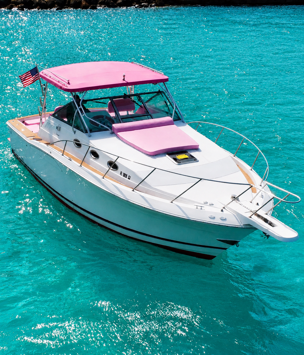 38ft Pink Express Cruiser yacht rental Miami - spacious deck area ideal for sunset cruises and bachelorette parties