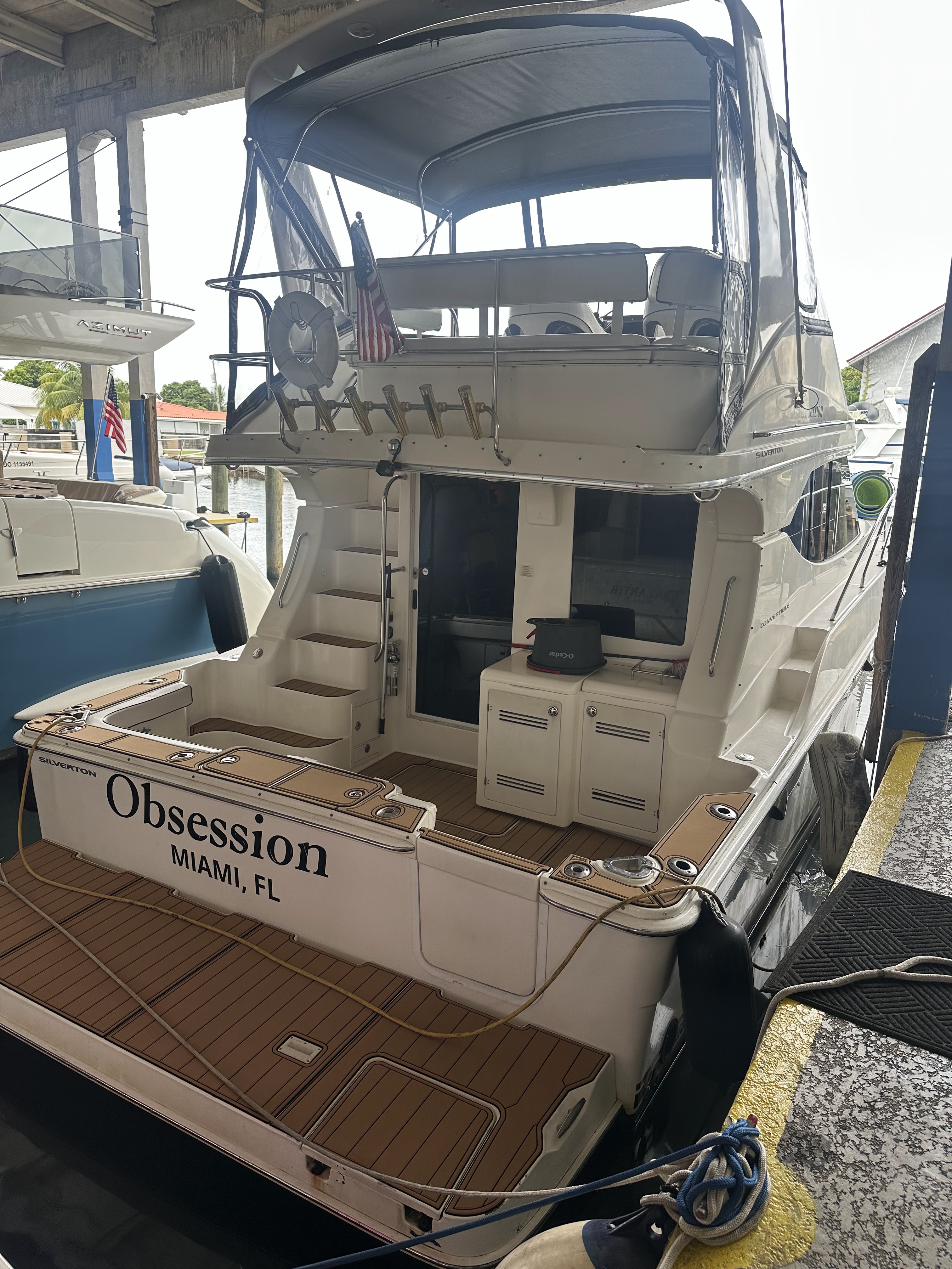 45ft Silverton Obsession yacht rental Miami - spacious deck area ideal for sunset cruises and bachelorette parties