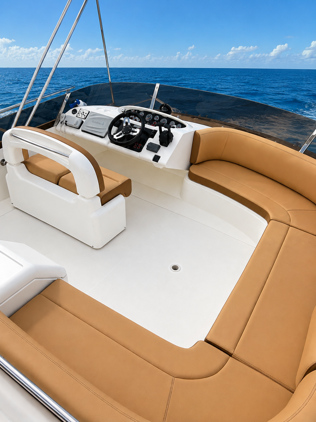 55ft Viking Roma CG yacht rental Miami - flybridge with panoramic views of Miami skyline