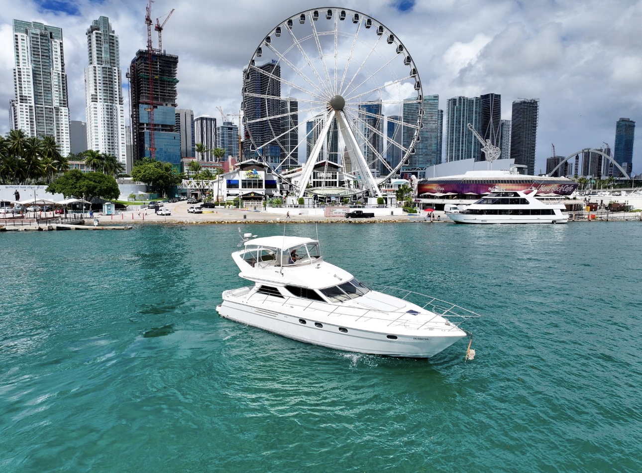 55ft Viking Arki yacht rental Miami - flybridge with panoramic views of Miami skyline