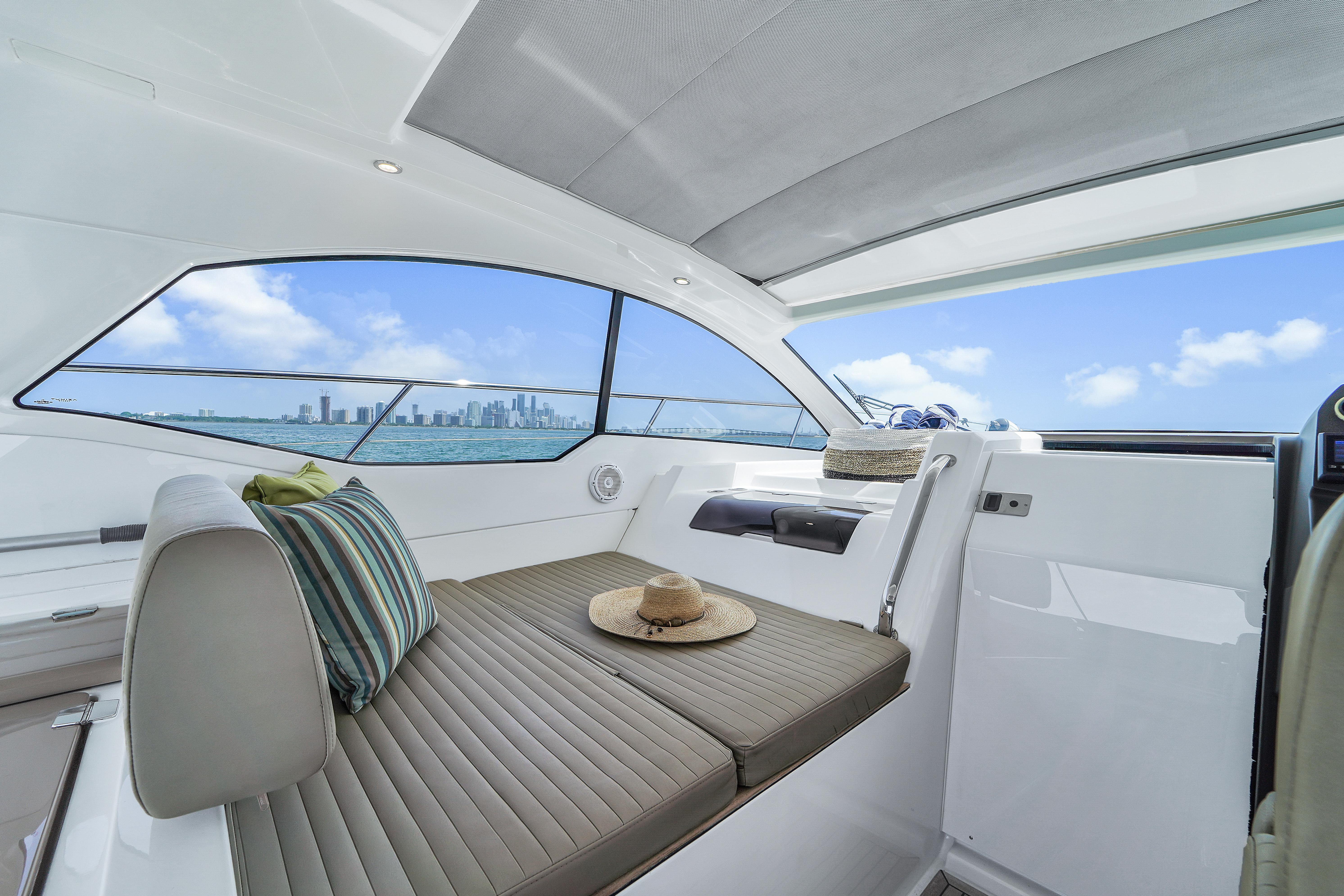 45ft Azimut Atlantis yacht rental Miami - elegant interior salon for corporate events and private gatherings
