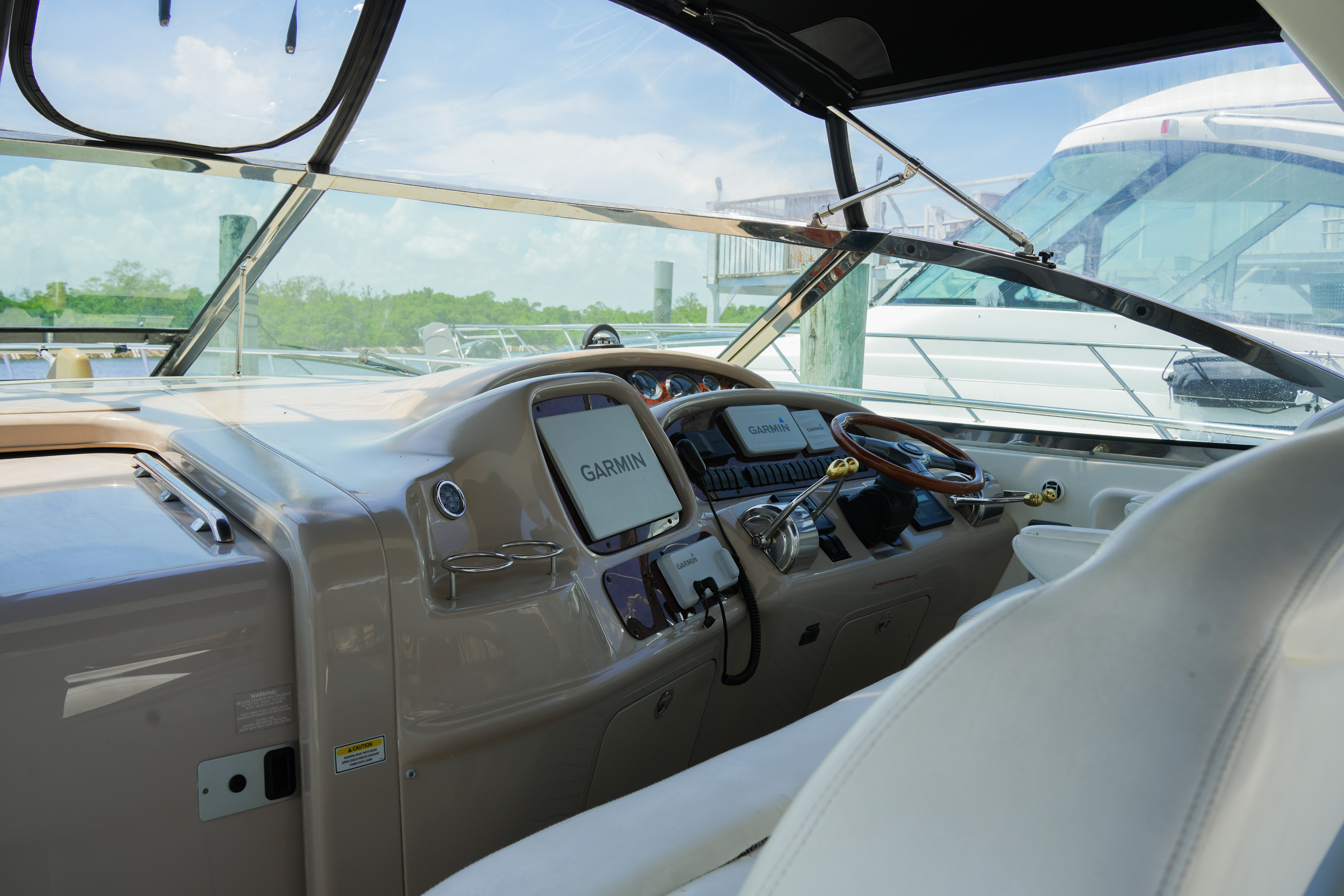 45ft Searay H yacht rental Miami - flybridge with panoramic views of Miami skyline